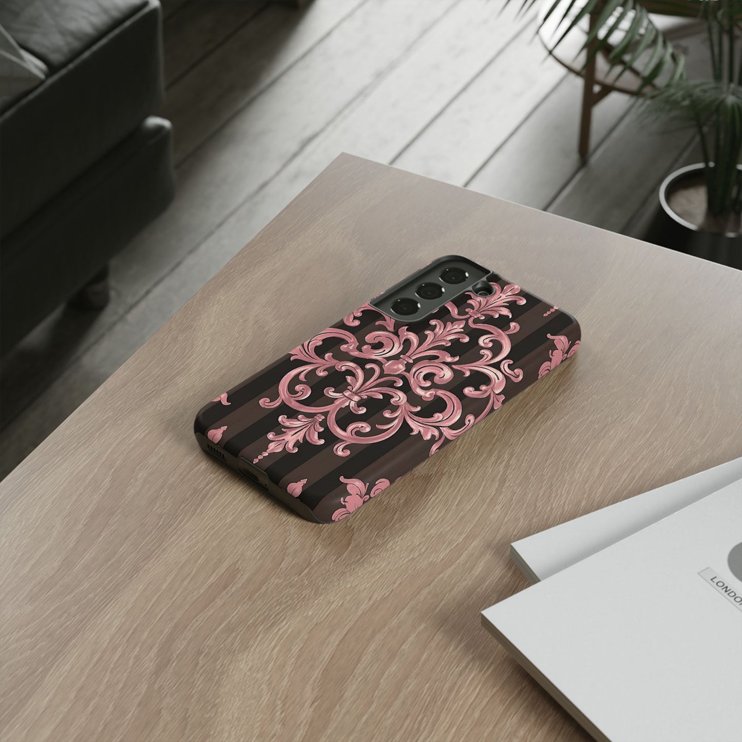 Elegant Floral Motif Phone Case - Tough Cases with Vintage Design - Brown Striped Mauve Damask
