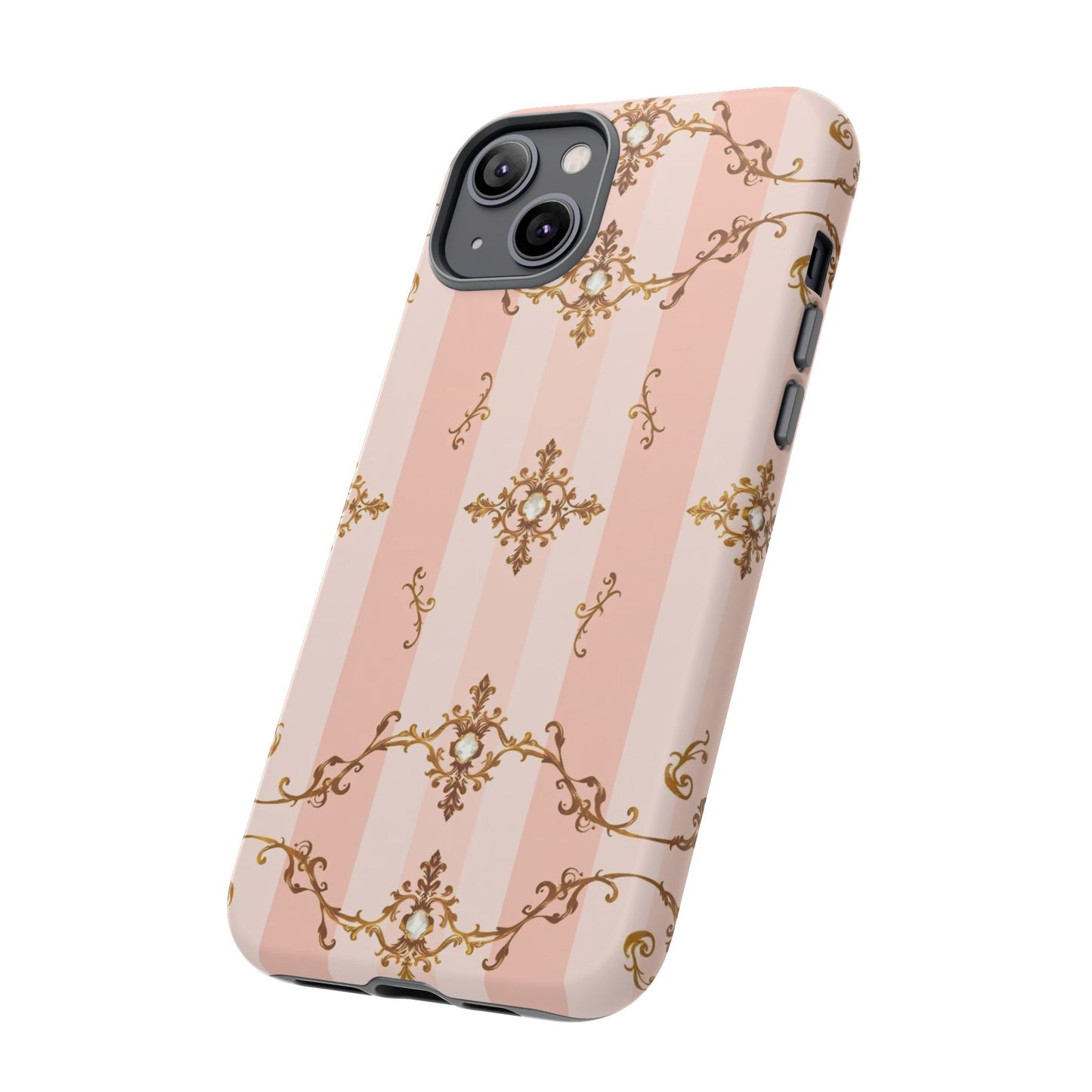 Elegant Floral Phone Case, Tough Cases for Women, Trendy Phone Cover, Chic Gift - Pink Jeweled Striped Gold Baroque