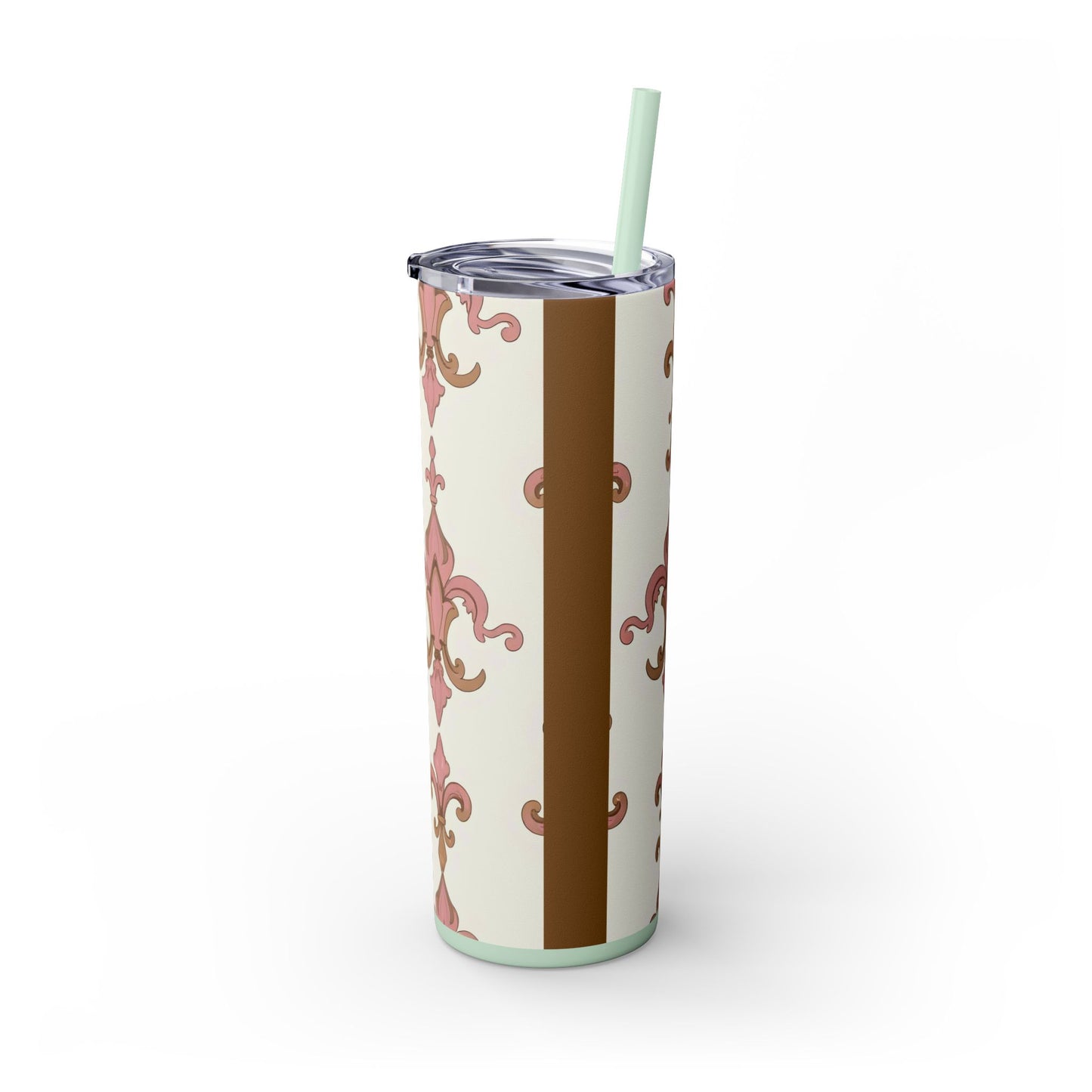Elegant Floral Skinny Tumbler, 20oz Drinkware, Stylish Travel Mug, Wedding Gift, Personalized Gift, Eco-Friendly Cup - Brown Striped Pink Arabesque