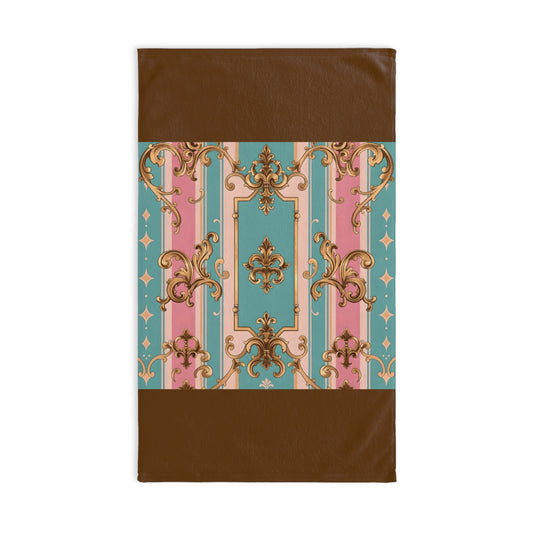 Elegant Vintage Hand Towel | Decorative Kitchen Towel, Gift for Home, Boho Decor, Wedding Gift - Pink & Matte Turquoise Striped Rococo