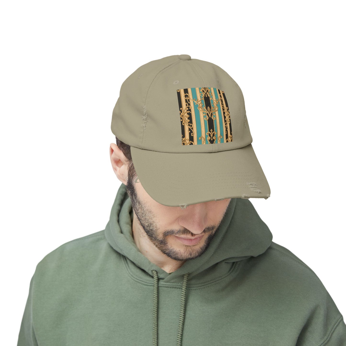 Distressed Black, Tan & Ocean Green Striped Gold Baroque Cap with Elegant Stripe Design | Vintage-Inspired Accessories, Unisex Casual Hat