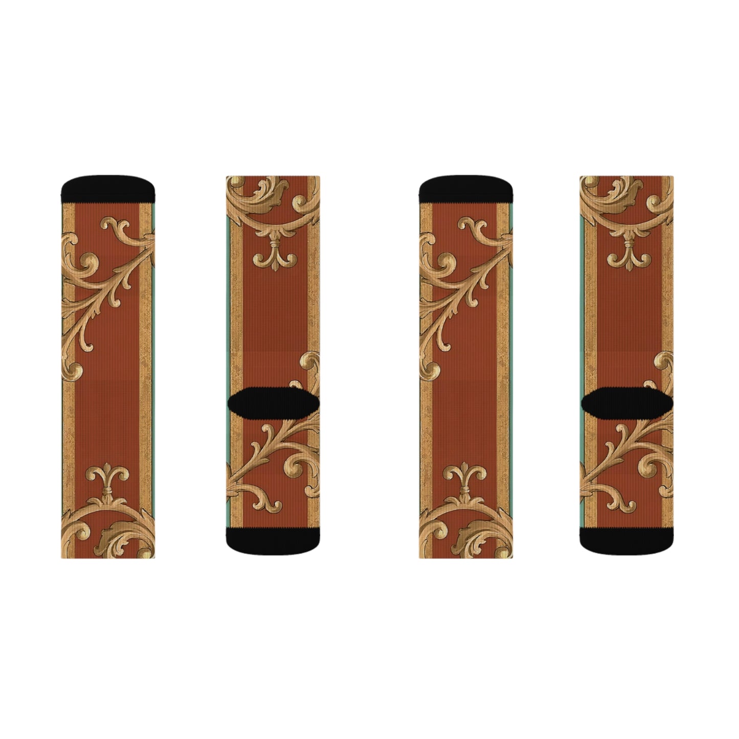 Elegant Sublimation Socks | Stylish Accessories, Gift for Him or Her, Cozy Winter Footwear - Rust & Mint Aqua Striped Baroque