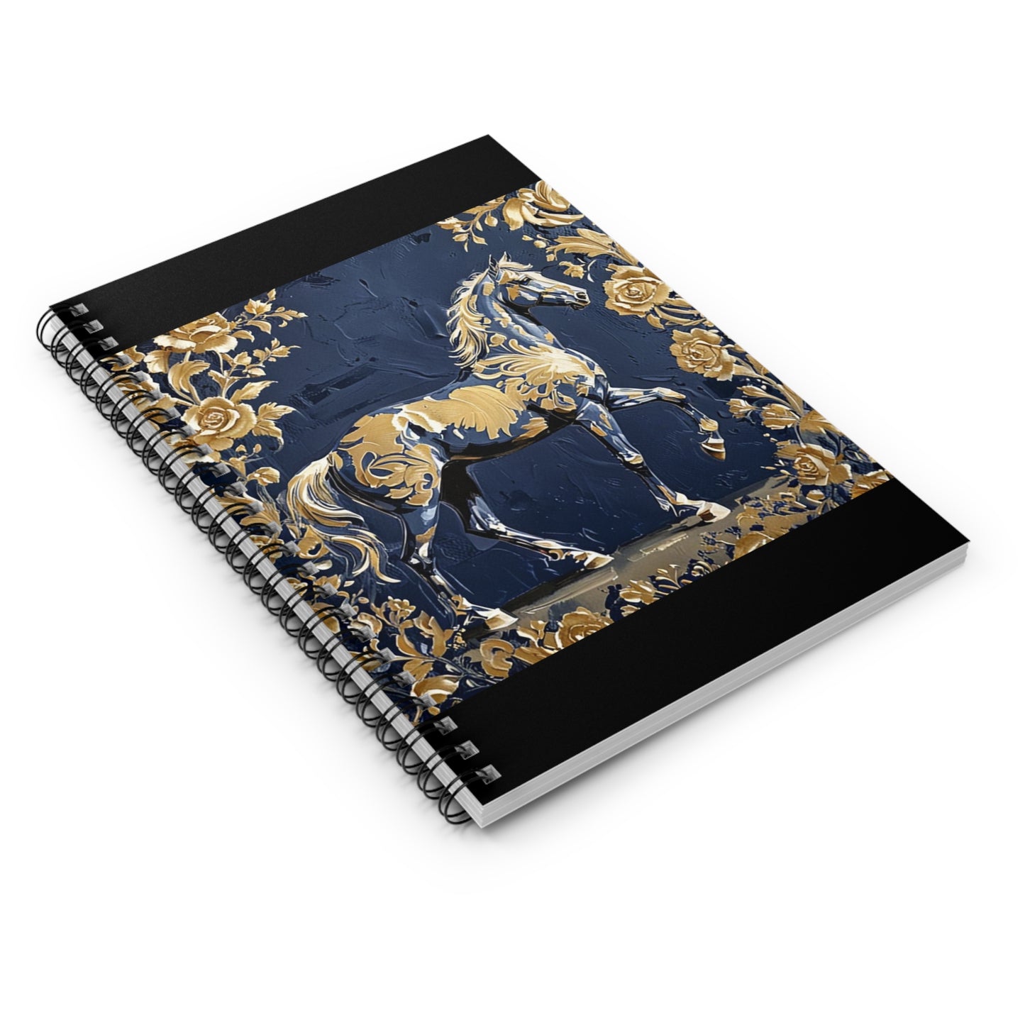 Elegant Vintage Spiral Notebook - Ruled Line with Gold Damask & Midnight Blue Horse