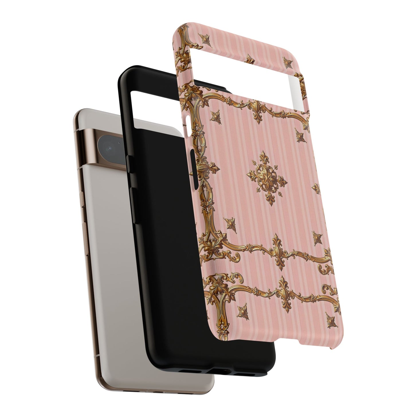 Elegant Floral Phone Case, Tough Cases for Women, Trendy Phone Cover, Chic Gift - Pink Striped Gold Baroque