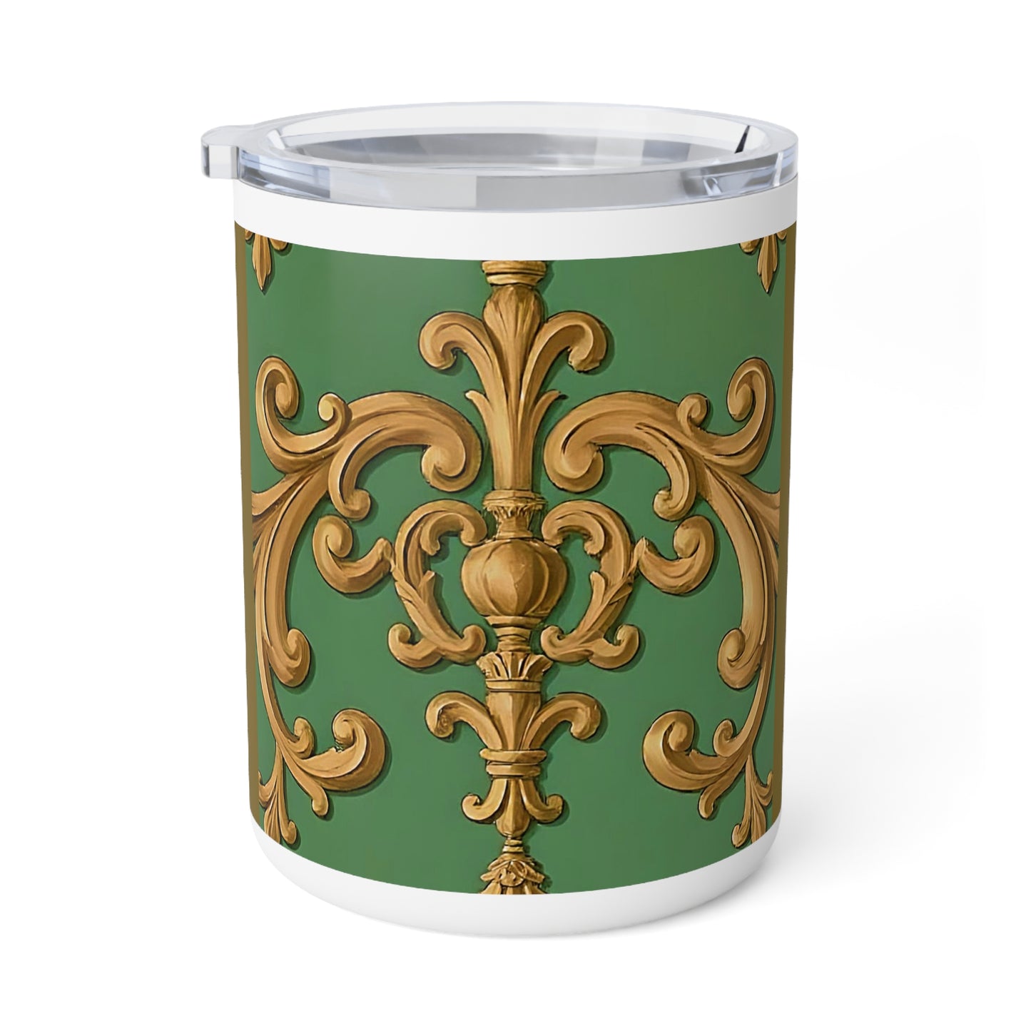 Elegant Insulated Coffee Mug | Luxe Green & Gold Design, Perfect Gift for Tea Lovers, Home Decor, Unique Wedding Favors - Olive Green Striped Rococo