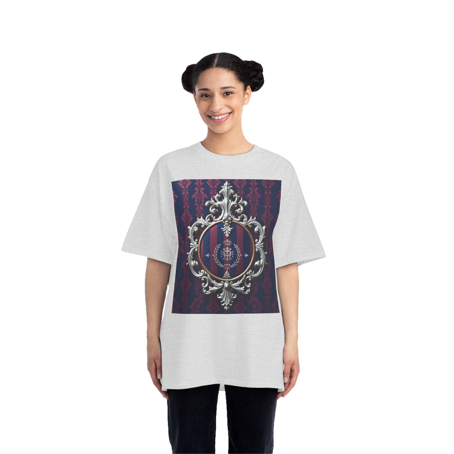 Elegant Unisex Graphic T-Shirt - Vintage Inspired, Casual Wear, Unique Gift, Art Tee, Fashion Statement - Blue & Plum Striped Silver Crest