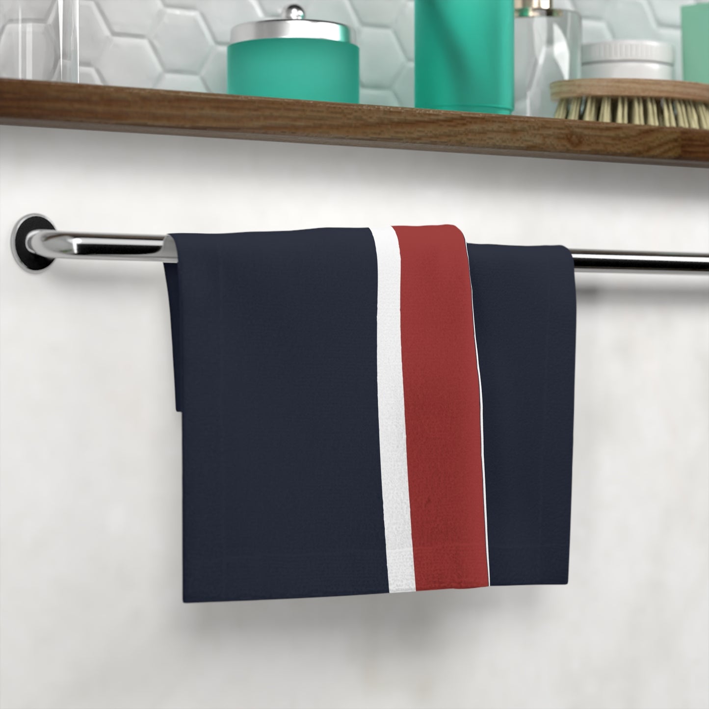 Lunar Midnight & Red-White Striped Chic Face Towel, Stylish Bathroom Decor, Gift for Home, Spa Day Essential, Elegant Must-Have Towel