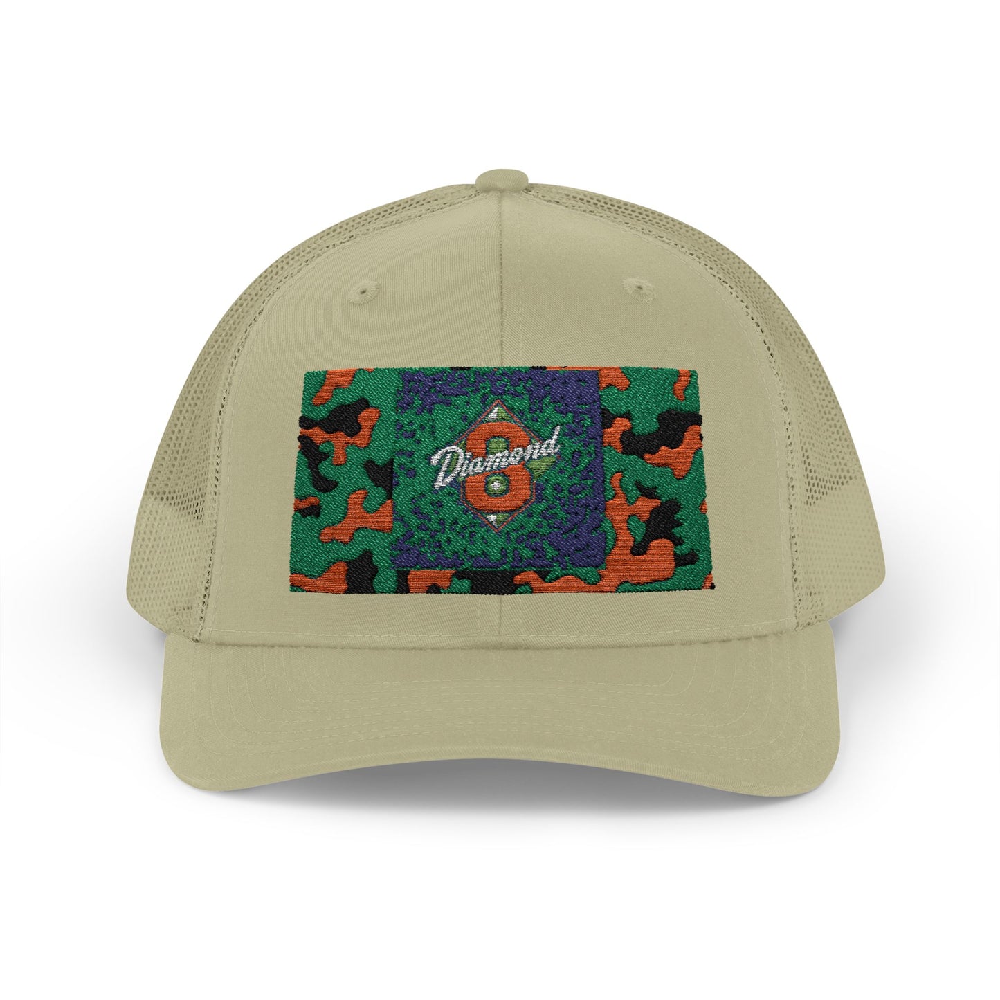 Colorful Camouflage Snapback Trucker Cap, Casual Hat, Outdoor Gear, Unisex Headwear, Gift for Him/Her - Green & Orange Camo Diamond 8
