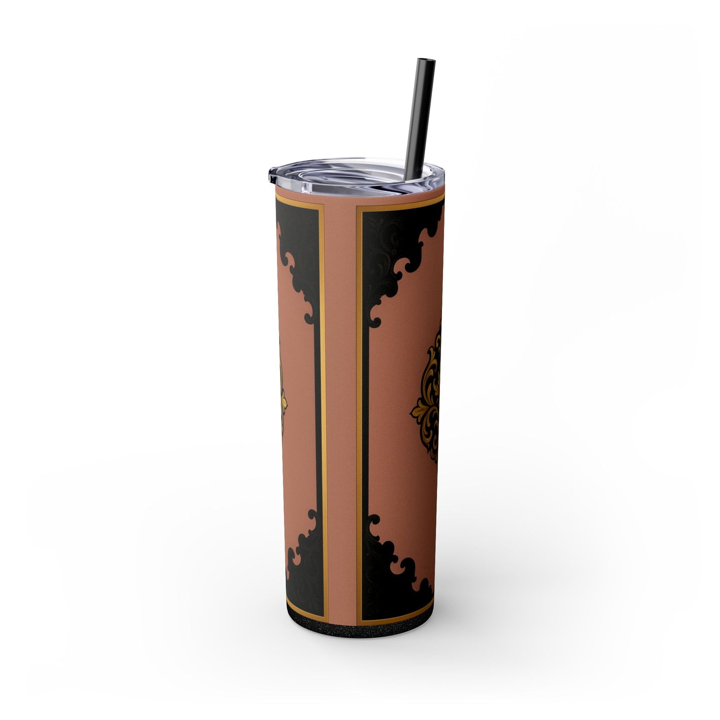20oz Skinny Tumbler with Straw — Vintage Mauve & Black-Gold Baroque Design