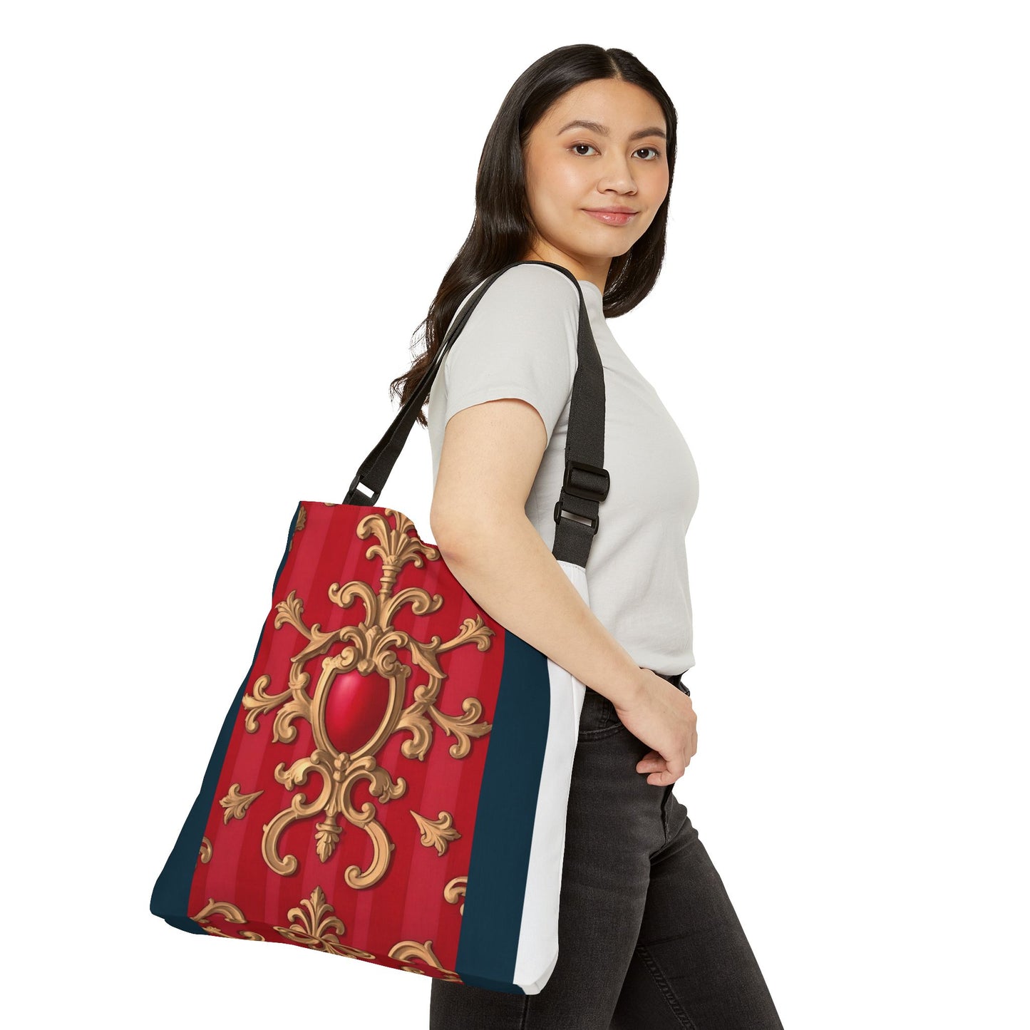 Elegant Floral Tote Bag - Perfect for Fashion Lovers, Gift, Shopping, Casual Days, Travel, Reusable - Blue, Red & White Striped Baroque