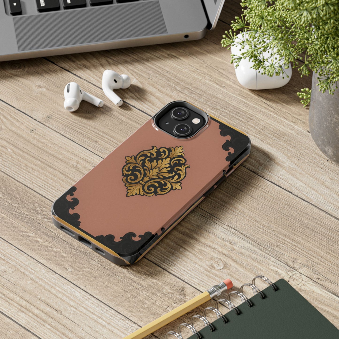 Mauve & Black-Gold Baroque Tough Phone Case — Ornate Protective iPhone Cover
