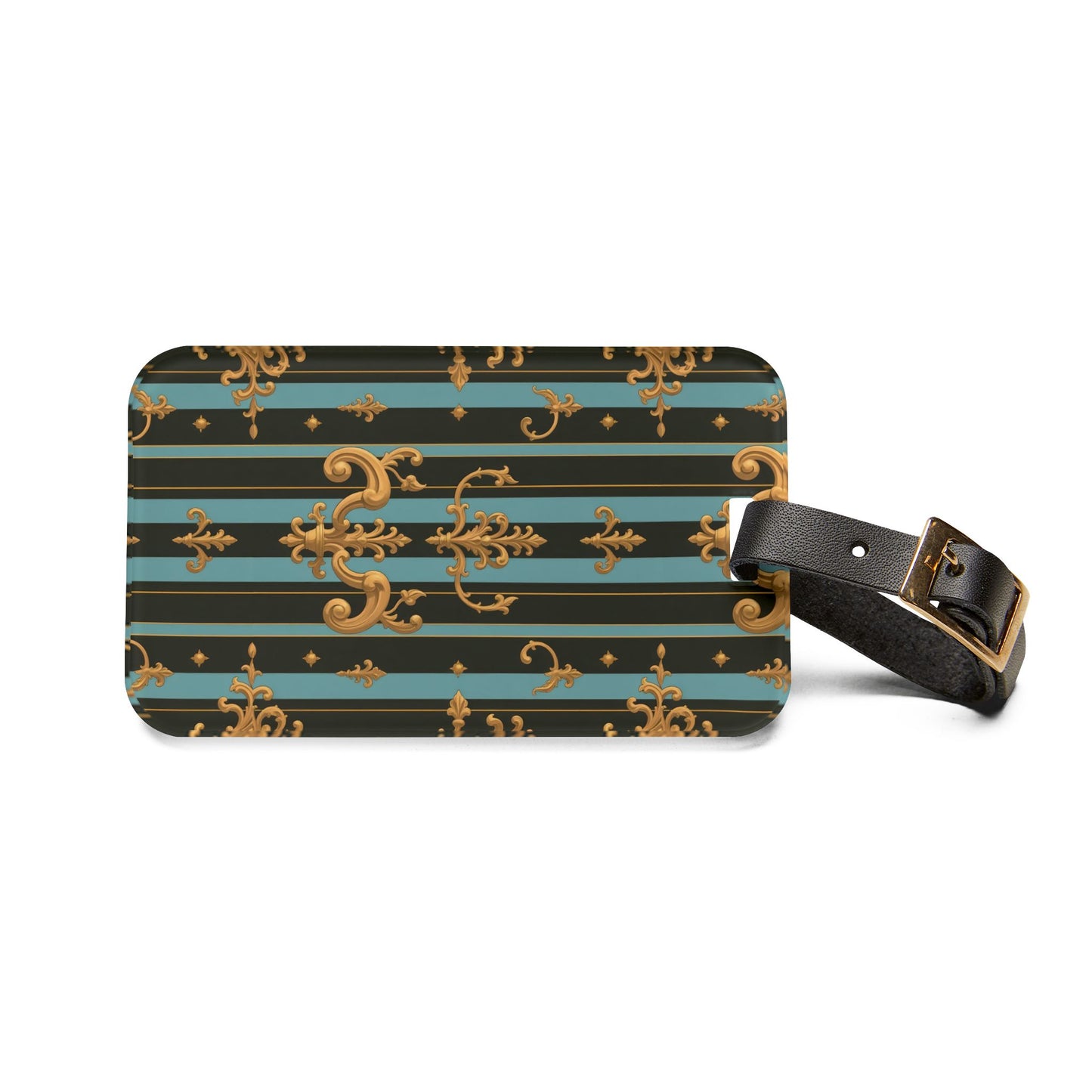 Chic Luggage Tag with Elegant Design | Travel Accessory, Personalized Gift, Backpack Tag, Suitcase Label - Black & Turquoise Striped Baroque