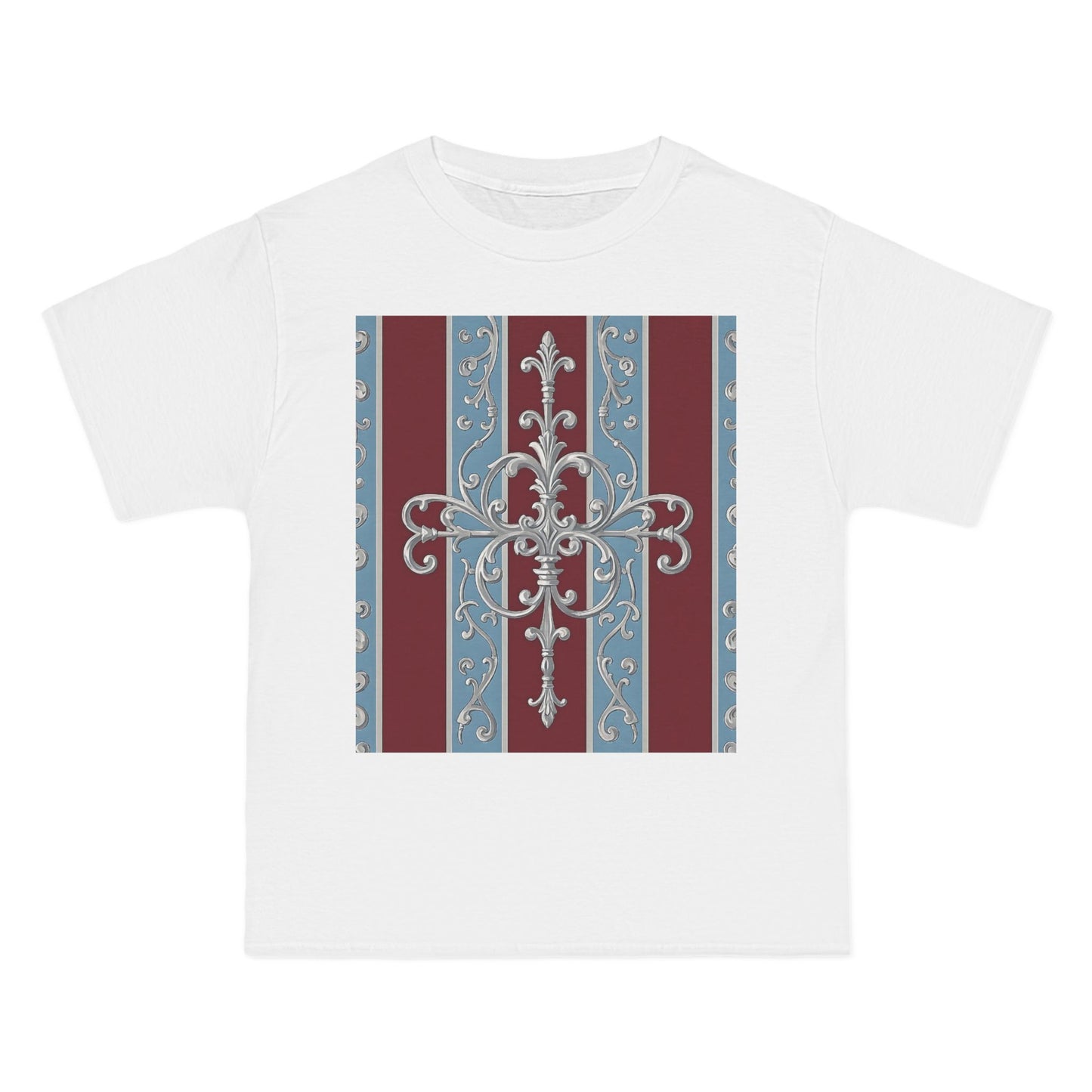 Elegant Vintage-Inspired Short-Sleeve T-Shirt, Classic Graphic Tee, Retro Style Shirt, Unisex, Casual Wear - Ice Blue & Burgundy Striped Baroque