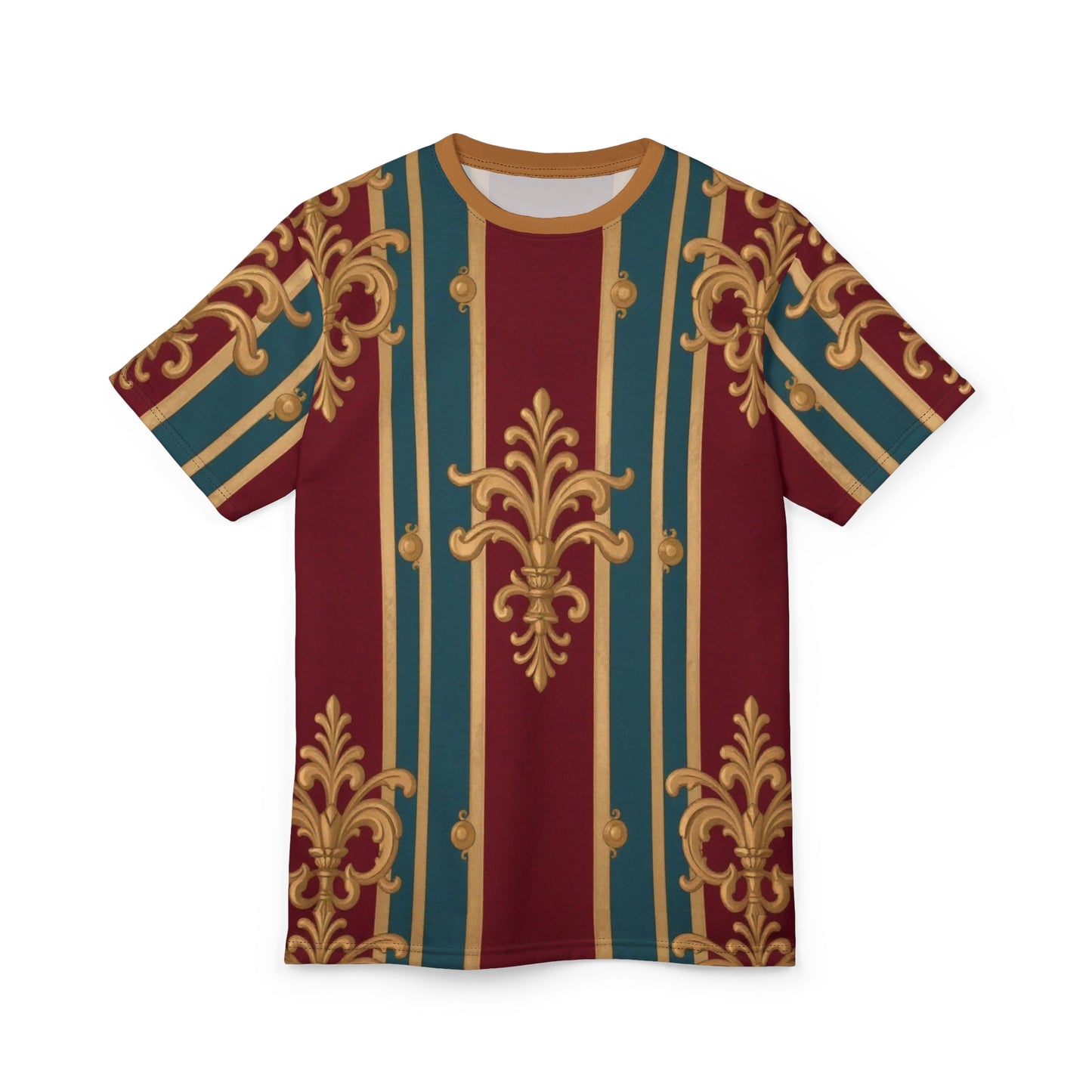 Opulent Unisex Graphic Tee, Elegant Fashion Top, Stylish Casual Wear, Unique Gift Idea, Trendy Streetwear - Burgundy Striped Gold Baroque