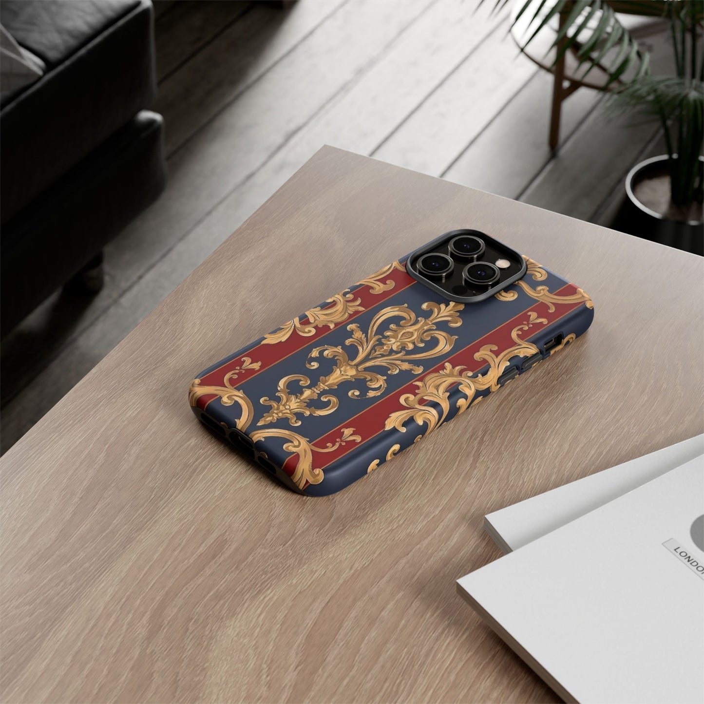Elegant Floral Motif Phone Case - Tough Cases with Vintage Design - Midnight Blue & Dusk Red Striped Gold Damask