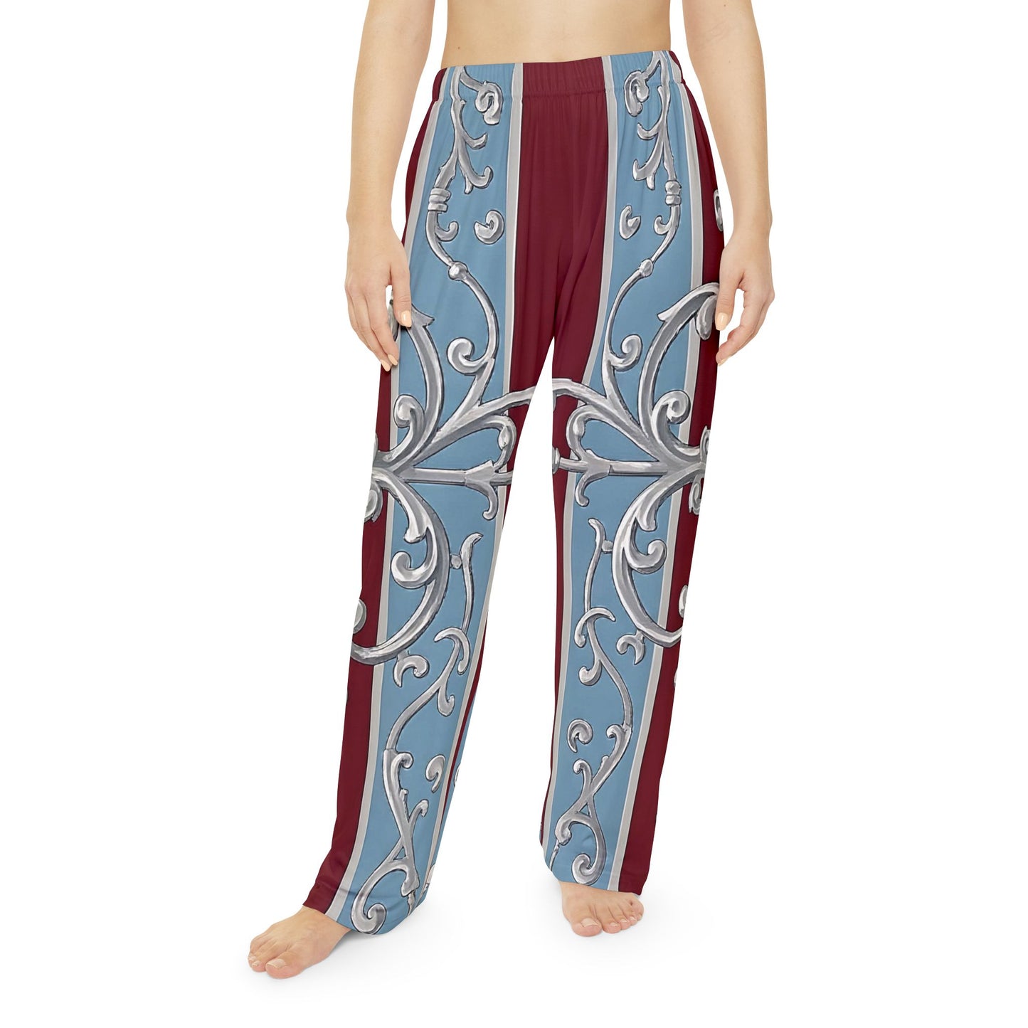 Elegant Women's Pajama Pants with Ornate Design - Cozy Comfort for Relaxation - Ice Blue & Burgundy Striped Baroque