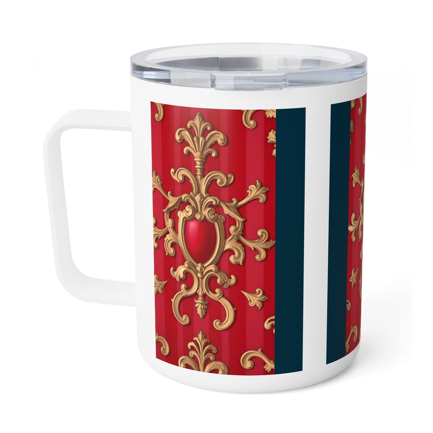Ornate Insulated Coffee Mug - Elegant Retro Design for Home, Office or Gifts, Tea Lover, Holiday Mugs - Blue, Red & White Striped Baroque