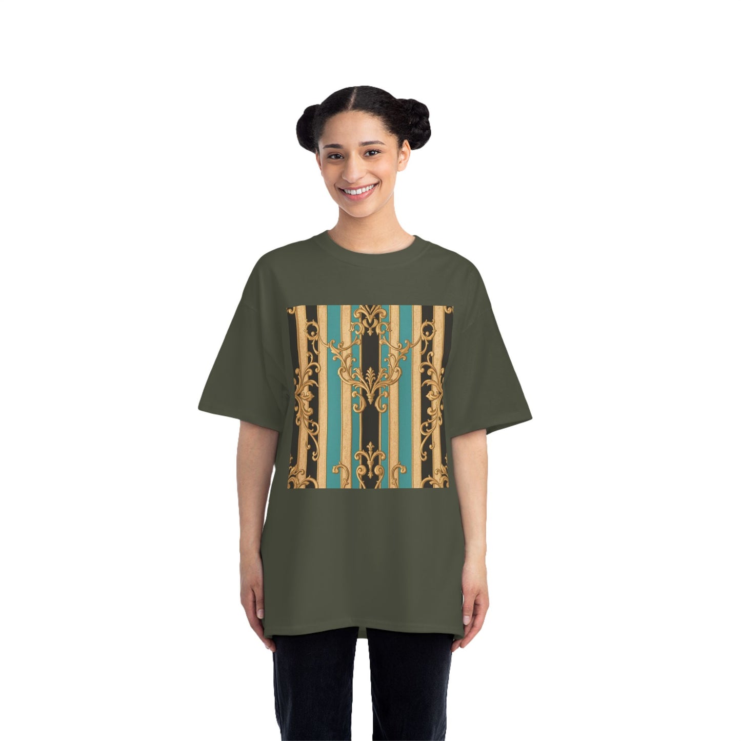 Chic Black, Tan & Ocean Green Striped Gold Baroque Vintage Pattern T-Shirt - Art Shirt, Stylish Casual Wear, Gifts & Everyday Fashion