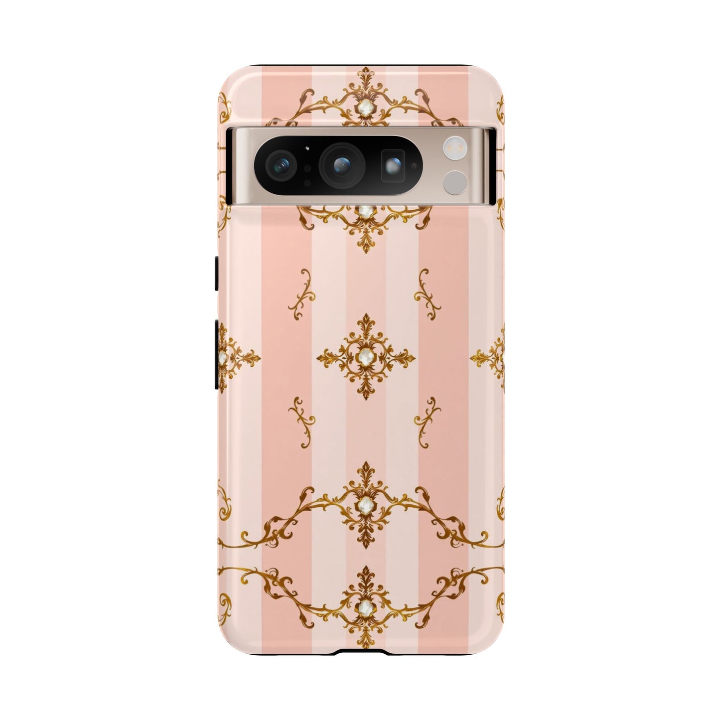 Elegant Floral Phone Case, Tough Cases for Women, Trendy Phone Cover, Chic Gift - Pink Jeweled Striped Gold Baroque