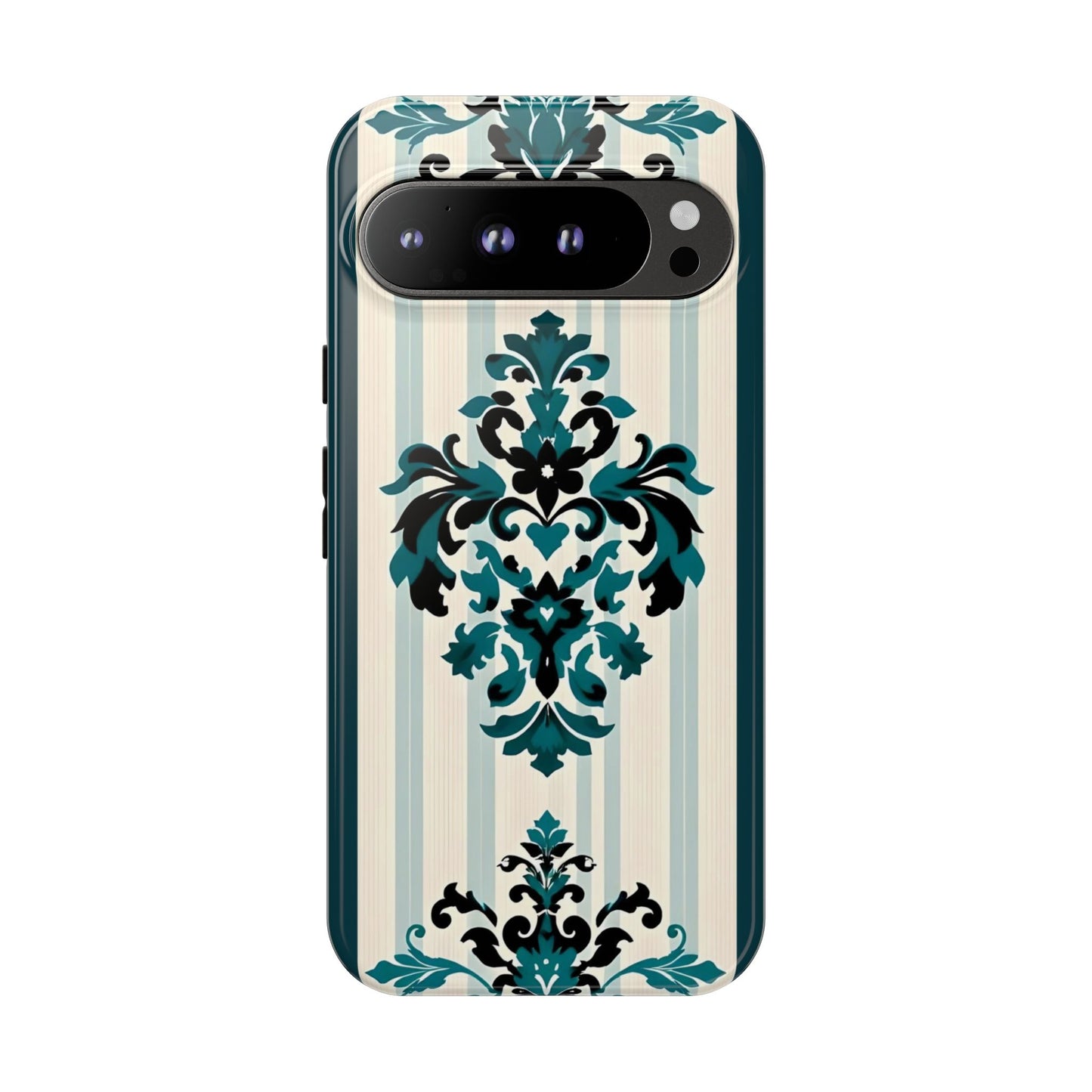 Elegant Floral Phone Case - Tough Cases with Vintage Design - Teal Striped Damask