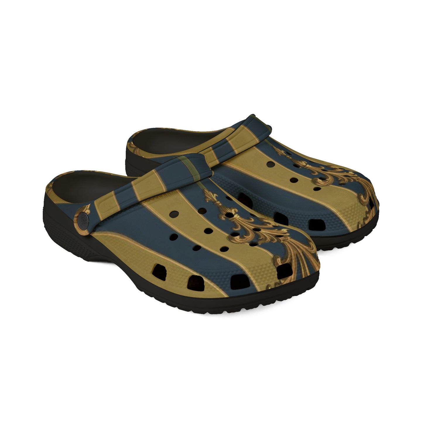 Stylish Midnight Blue & Olive Striped Gold Baroque EVA Foam Clogs - Trendy Slip-On Shoes for Comfort and Fashion, Casual Footwear, Unique Gift