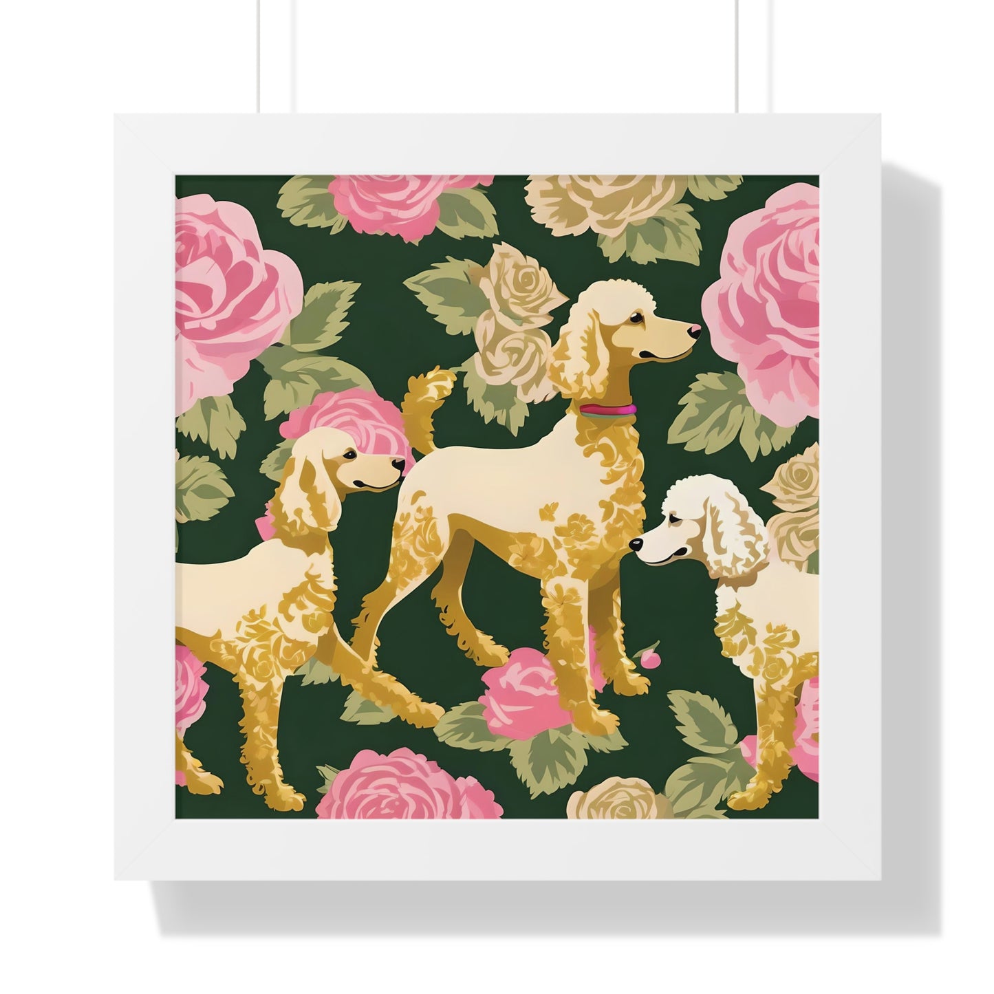 Vertical Poster - Stylish Framed - Art for Home Decor - Poodles In Dark Green & Pink Roses