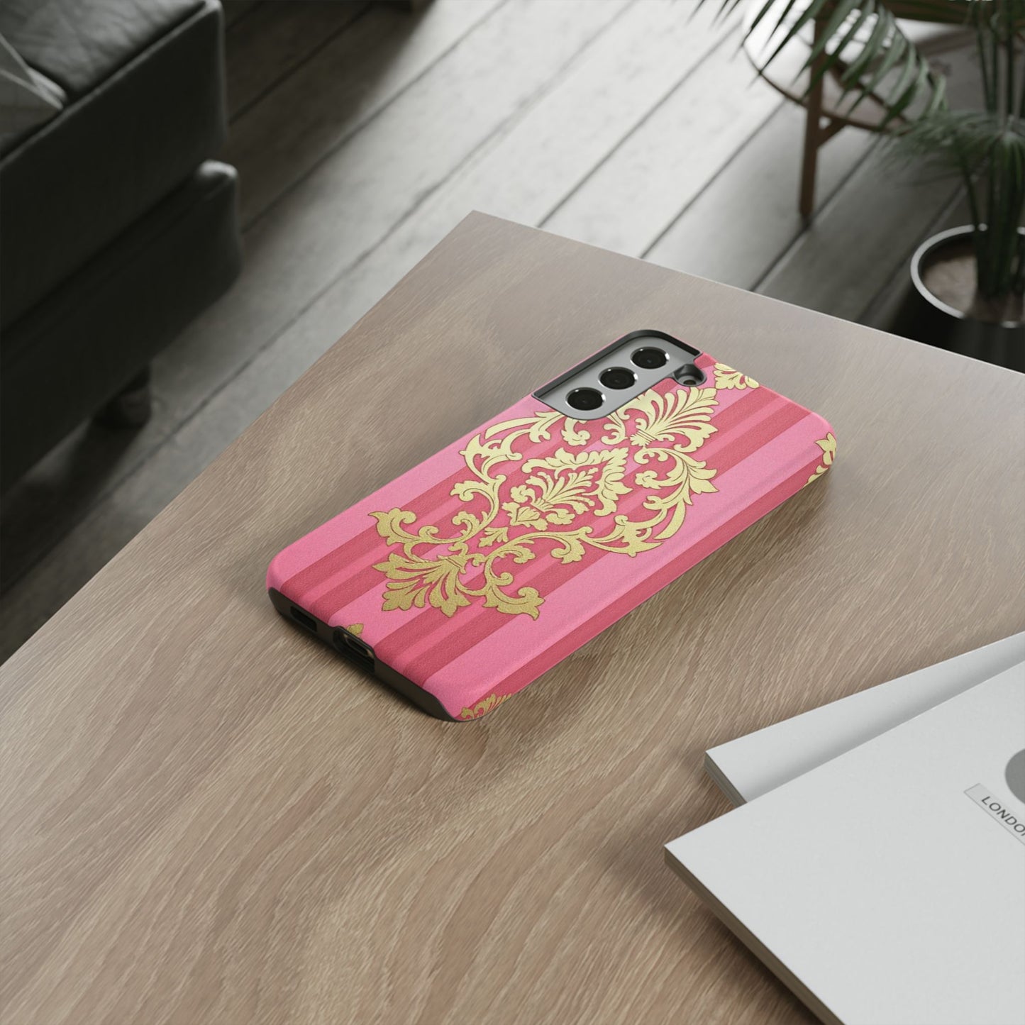 Elegant Floral Motif Phone Case - Tough Cases with Vintage Design - Pink Striped Damask