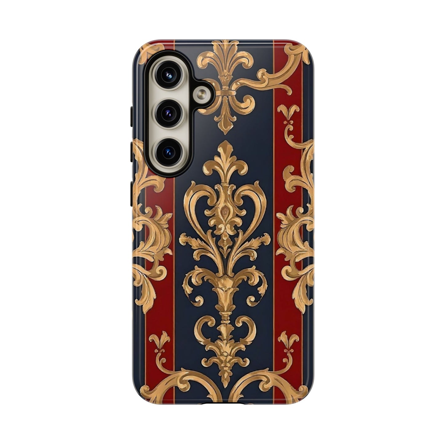Elegant Floral Motif Phone Case - Tough Cases with Vintage Design - Midnight Blue & Dusk Red Striped Gold Damask