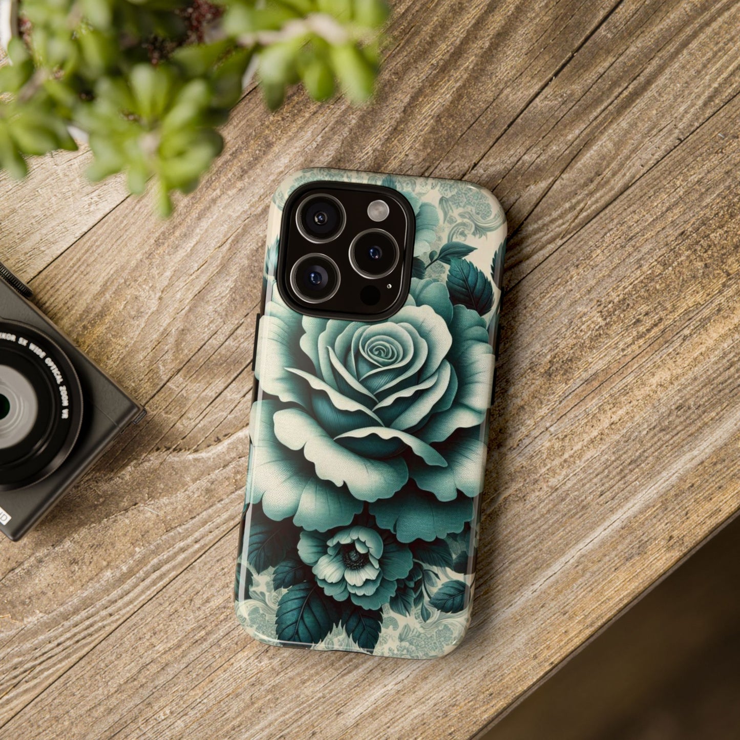 Elegant Floral Motif Phone Case - Tough Cases with Vintage Design - Teal Roses & Damask