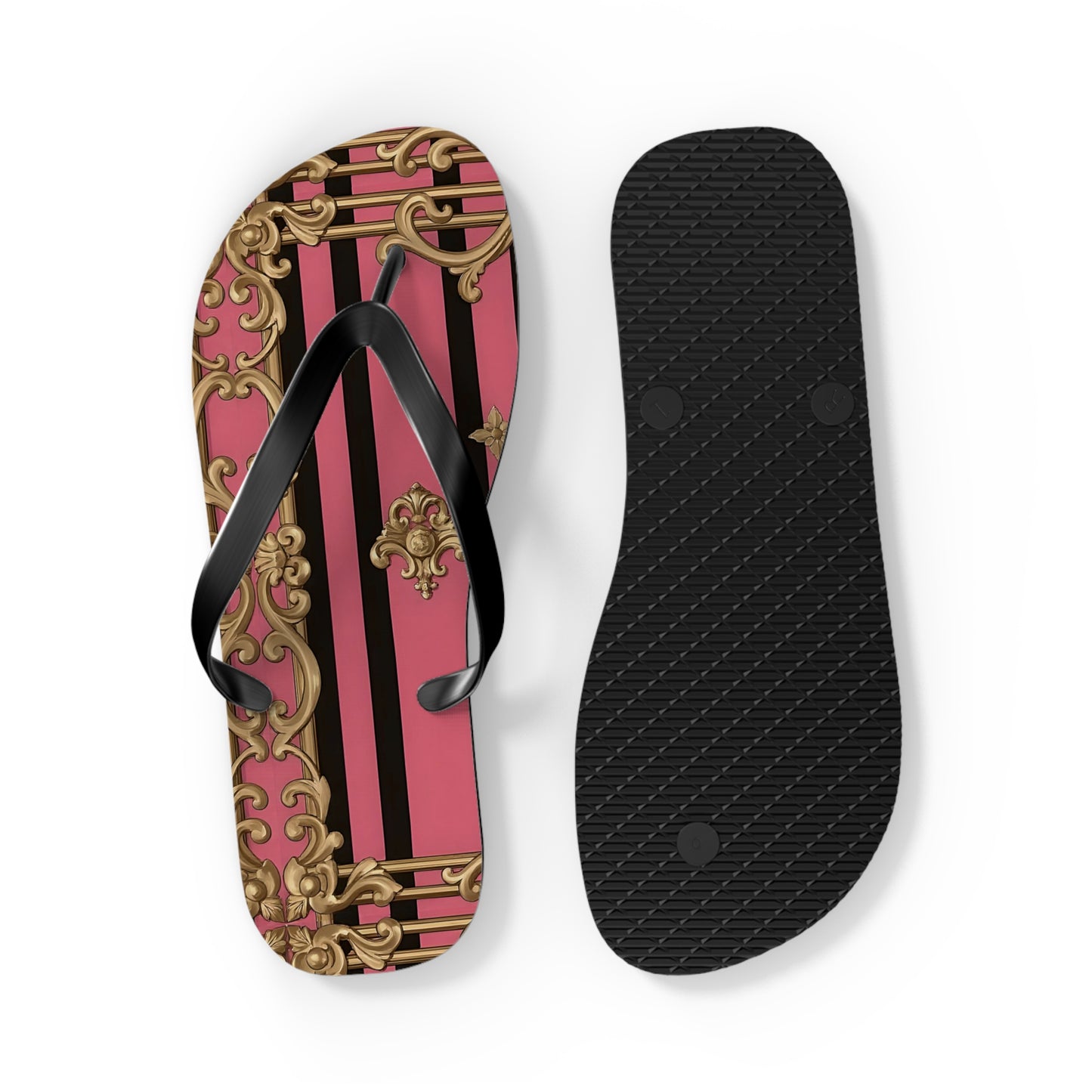 Chic Flip Flops, Stylish Summer Sandals, Beachwear, Poolside Accessories, Vacation Footwear, Trendy Casual Shoes - Pink Striped Gold Rococo