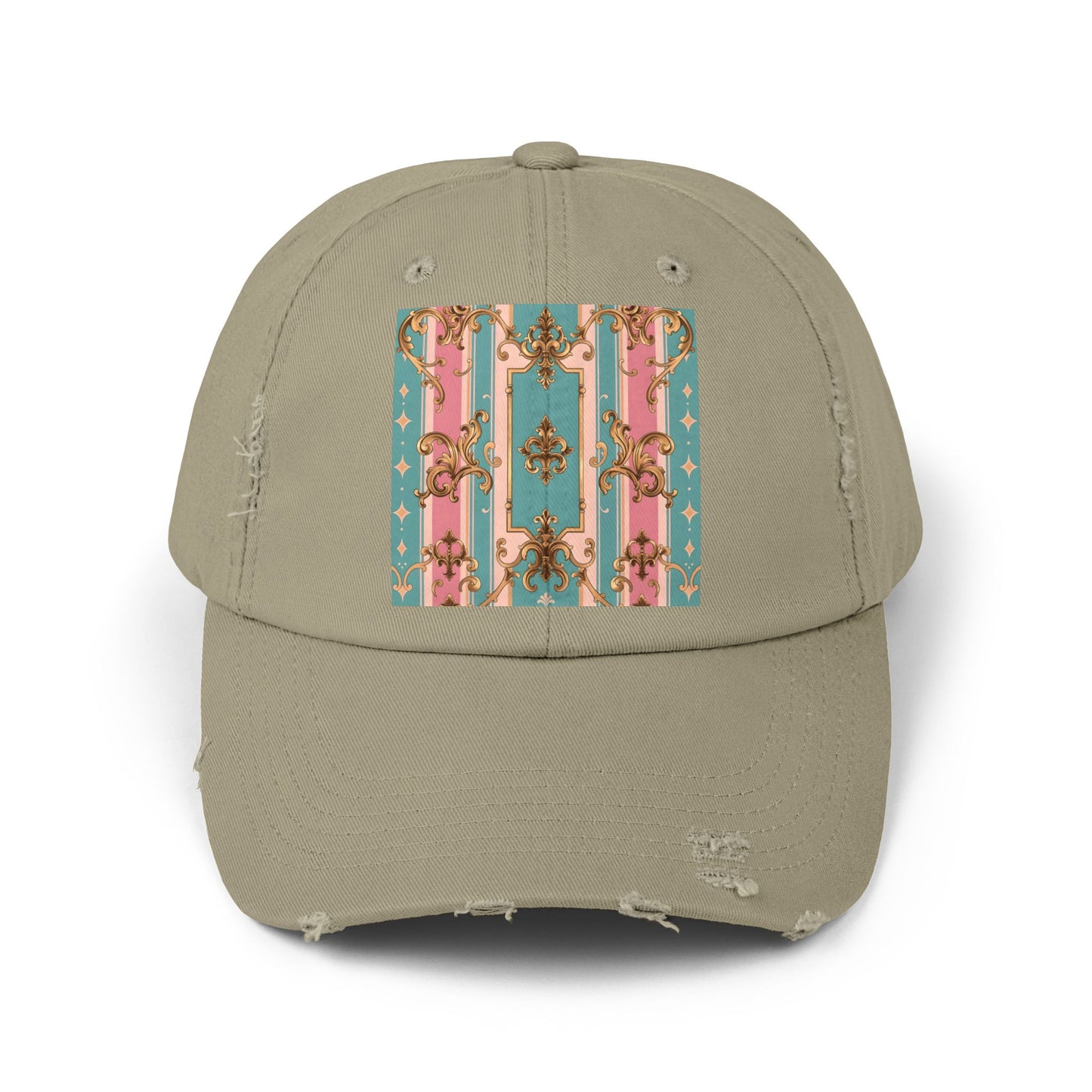Stylish Unisex Distressed Cap with Floral Pattern, Casual Hat, Trendy Headwear, Summer Accessory - Pink & Matte Turquoise Striped Rococo