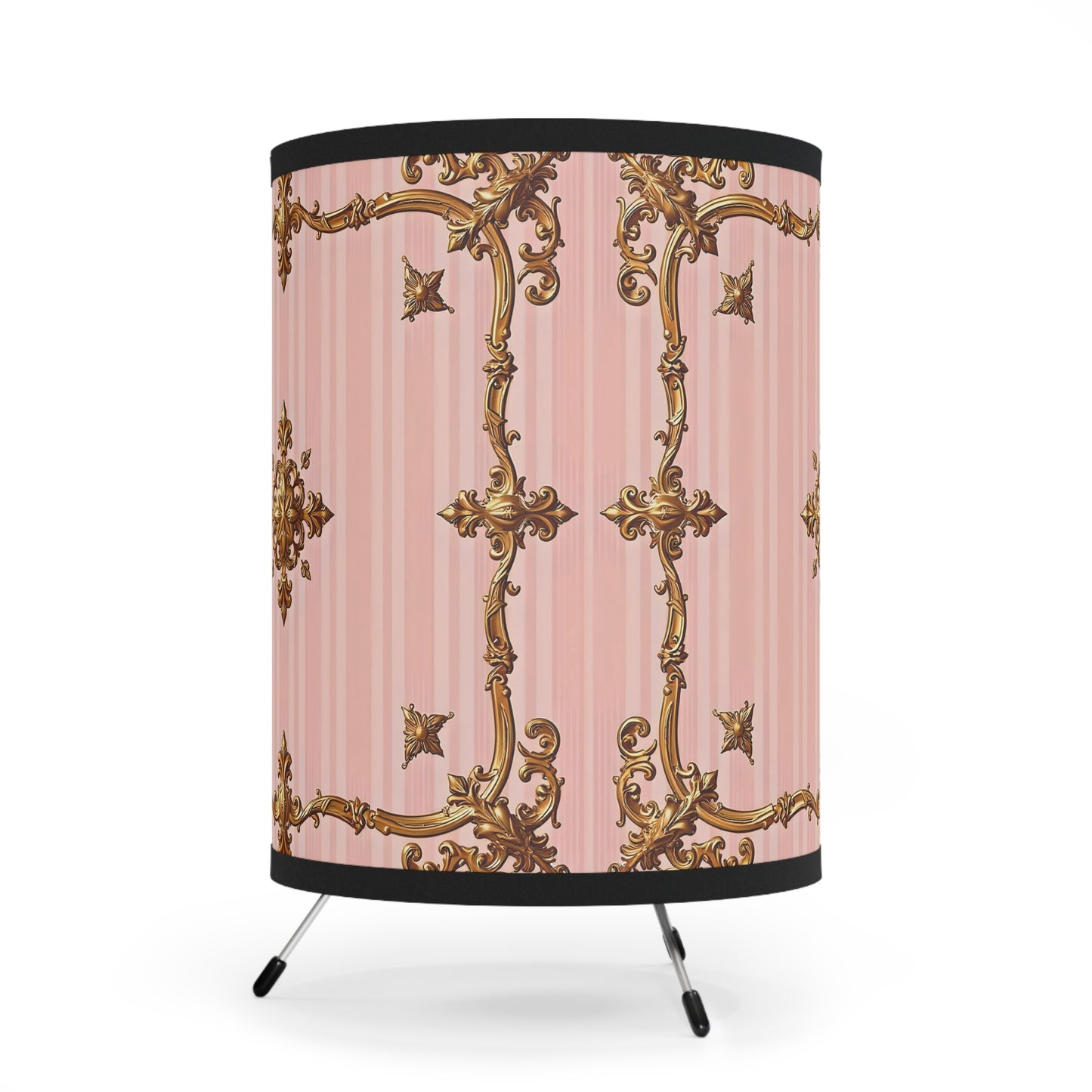 Elegant Tripod Lamp with Vintage Floral Design Shade - Pink Striped Gold Baroque