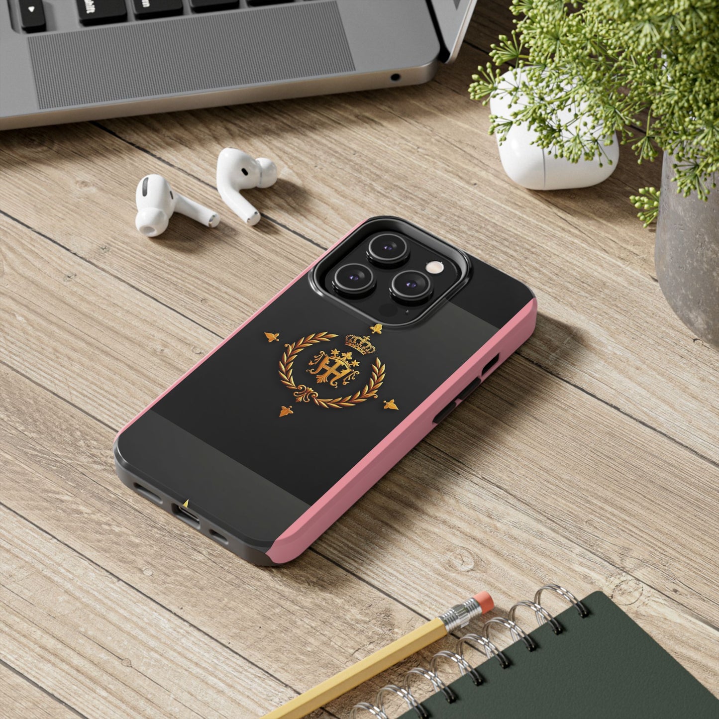 Tough Phone Case with Regal Design - Elegant Phone Protection, Gift for Him/Her, Royalty Inspired - Pink Striped Gold Crest