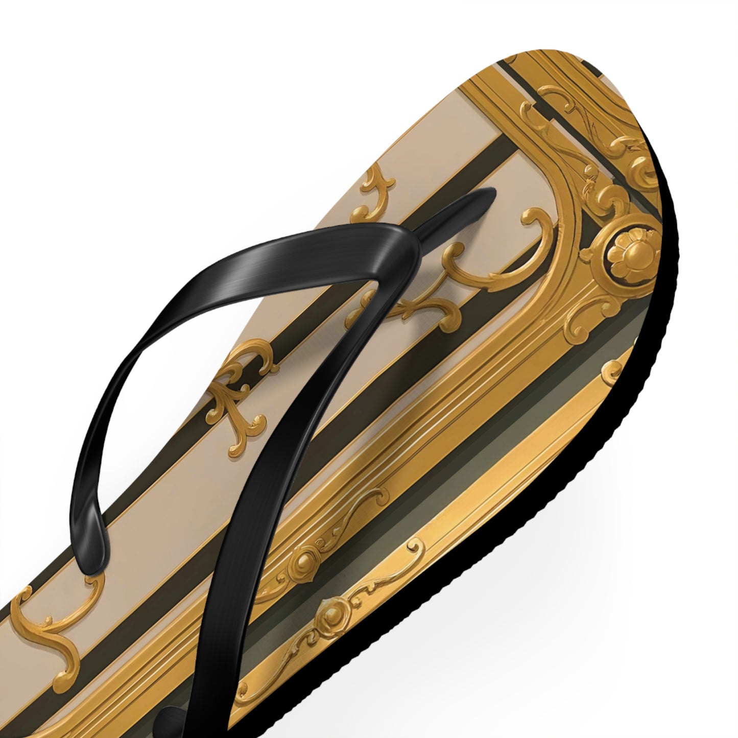 Elegant Golden Flip Flops, Summer Footwear, Beach Sandals, Vacation Essentials, Gift for Her - Beige Striped Gold Rococo