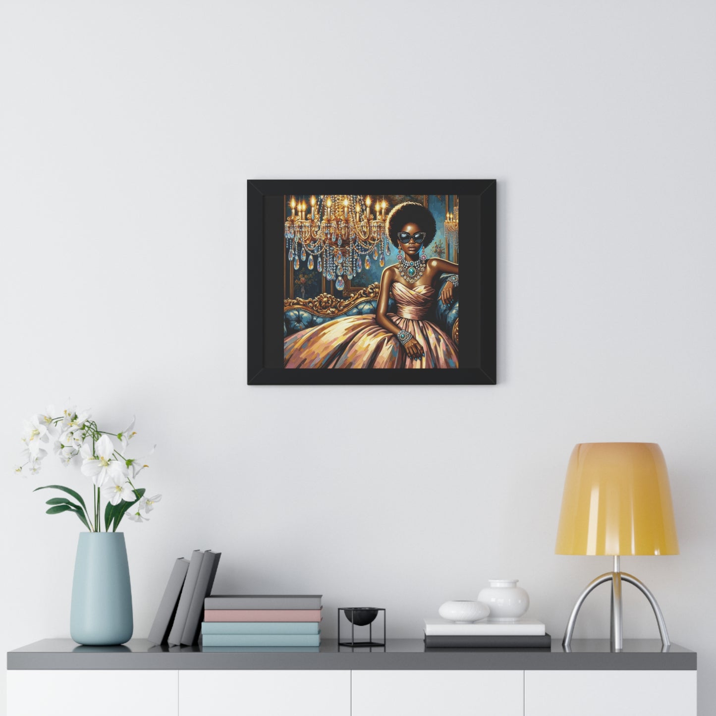 Elegant Framed Art Print | Chic Home Décor, Wall Art for Living Room, Unique Gift, Glamorous Aesthetic, Fashionable - Elegant Lady & Chandelier