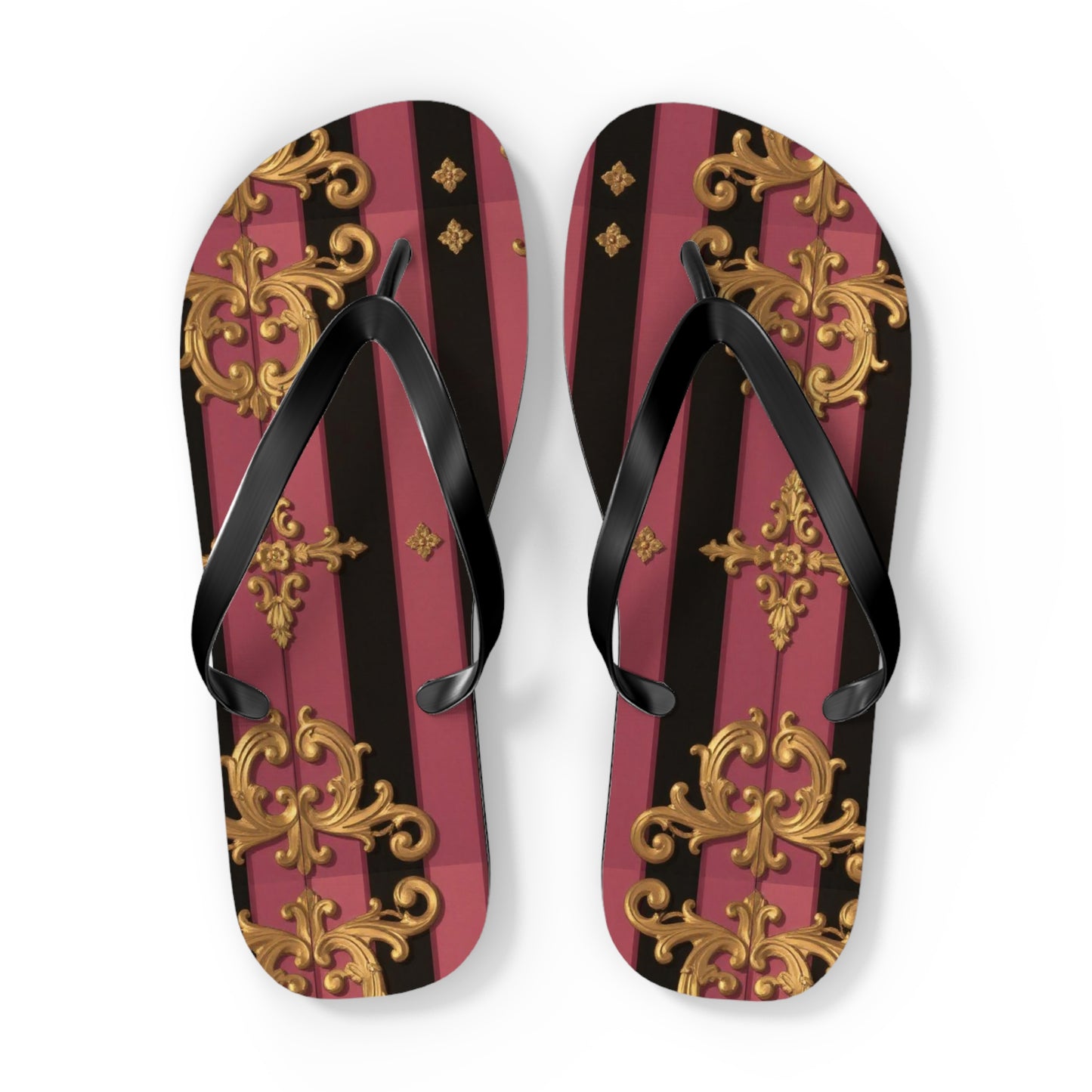 Elegant Black & Mauve Striped Gold Baroque Flip Flops, Chic Footwear for Summer, Pool Parties, Beach Days, Vacation Essentials