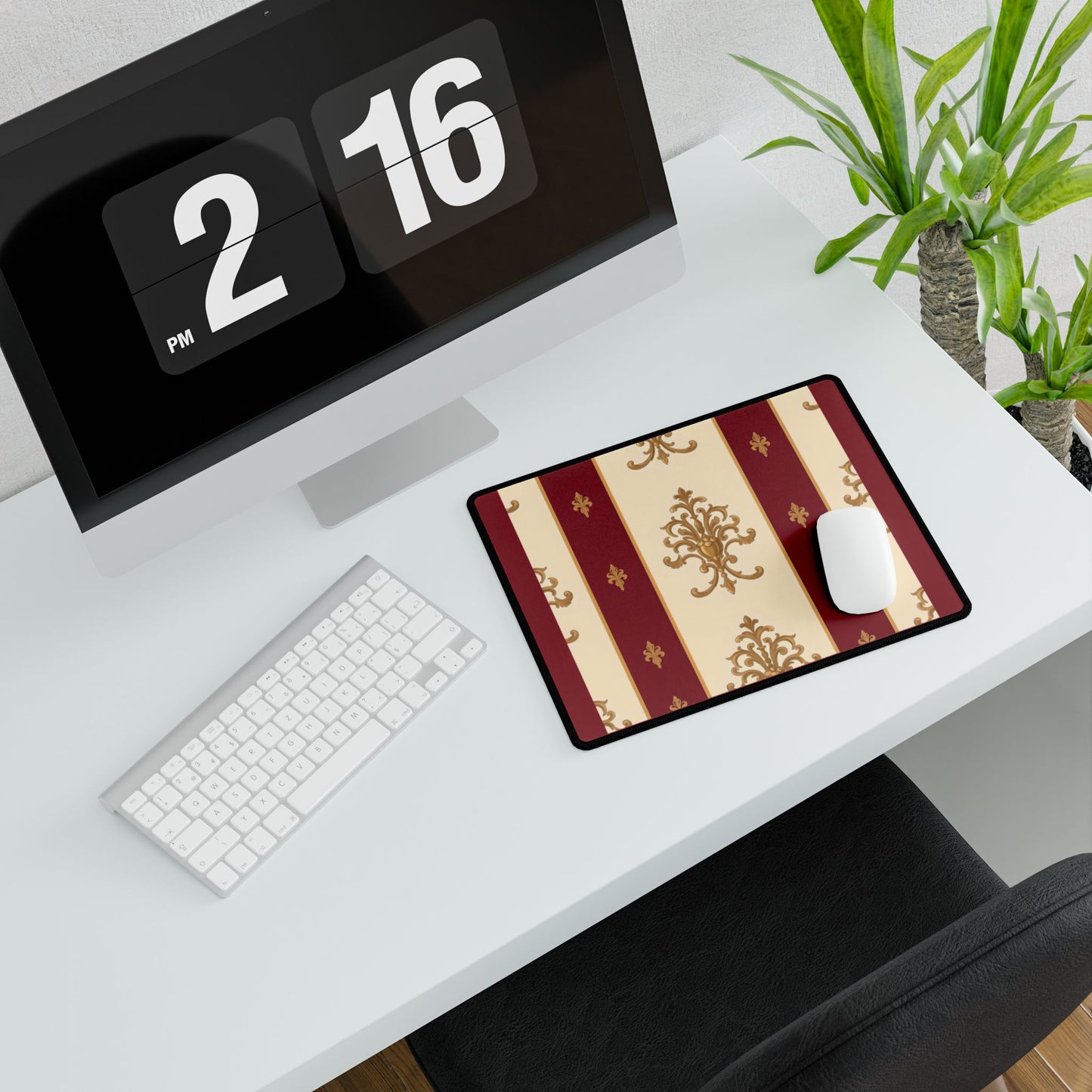 Elegant Floral Motif Desk Mat for Home Office Decor - Dusk Red Striped Gold Damask