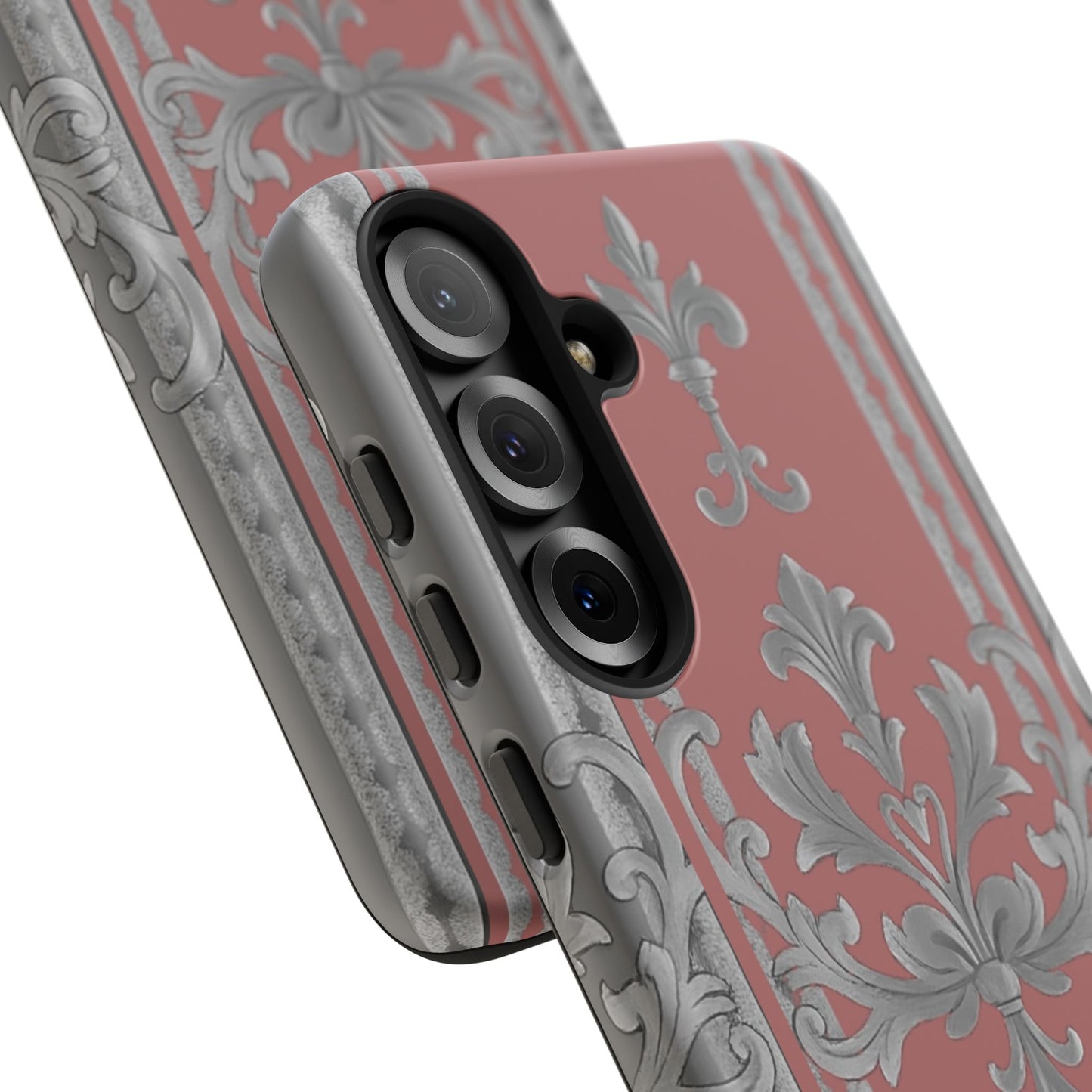 Elegant Floral Phone Case - Tough Cases for Stylish Protection - Gray & Mauve Striped Baroque