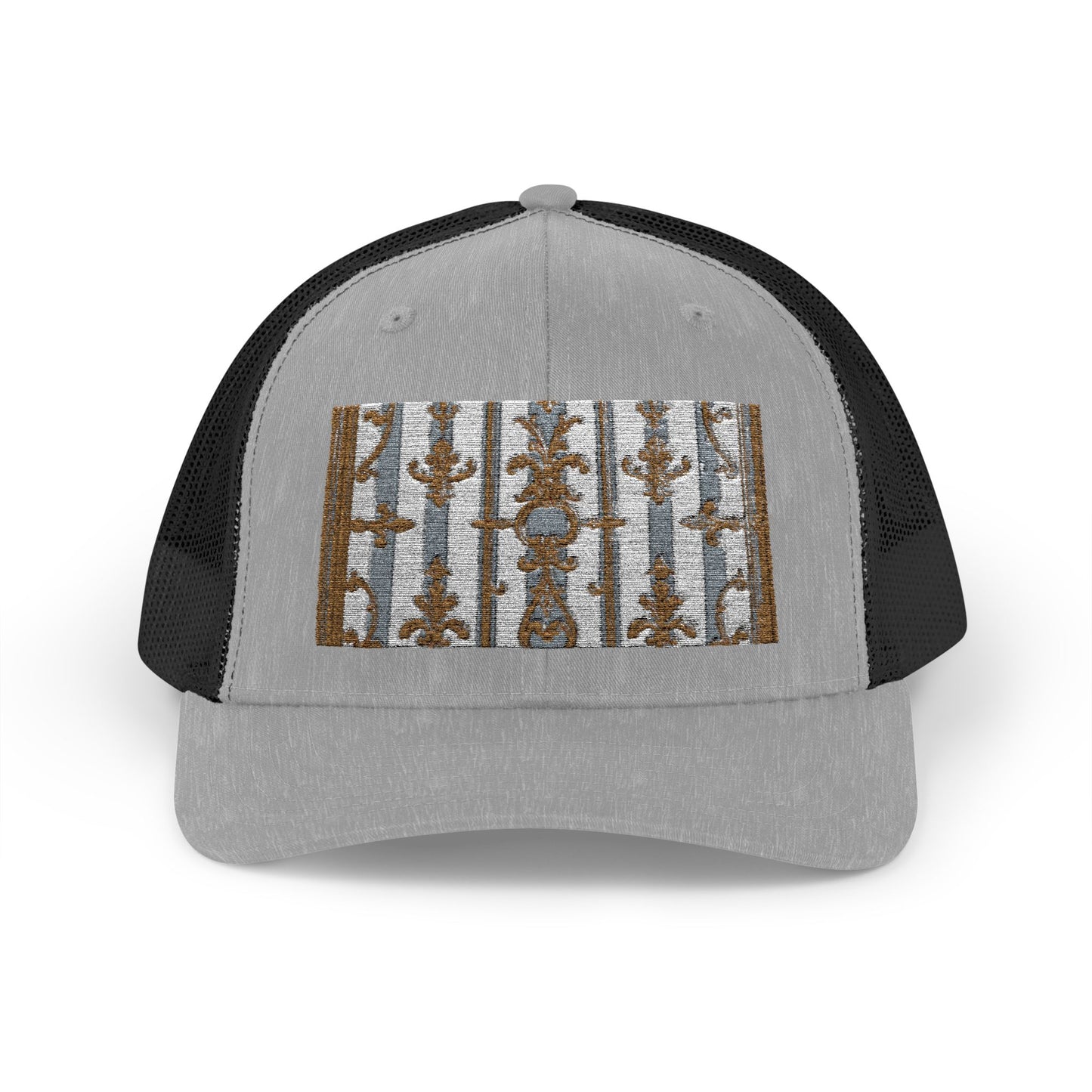Stylish Snapback Trucker Cap with Nature-Inspired Design - Summer Festivals - Matte Gray & Cream Striped Gold Baroque