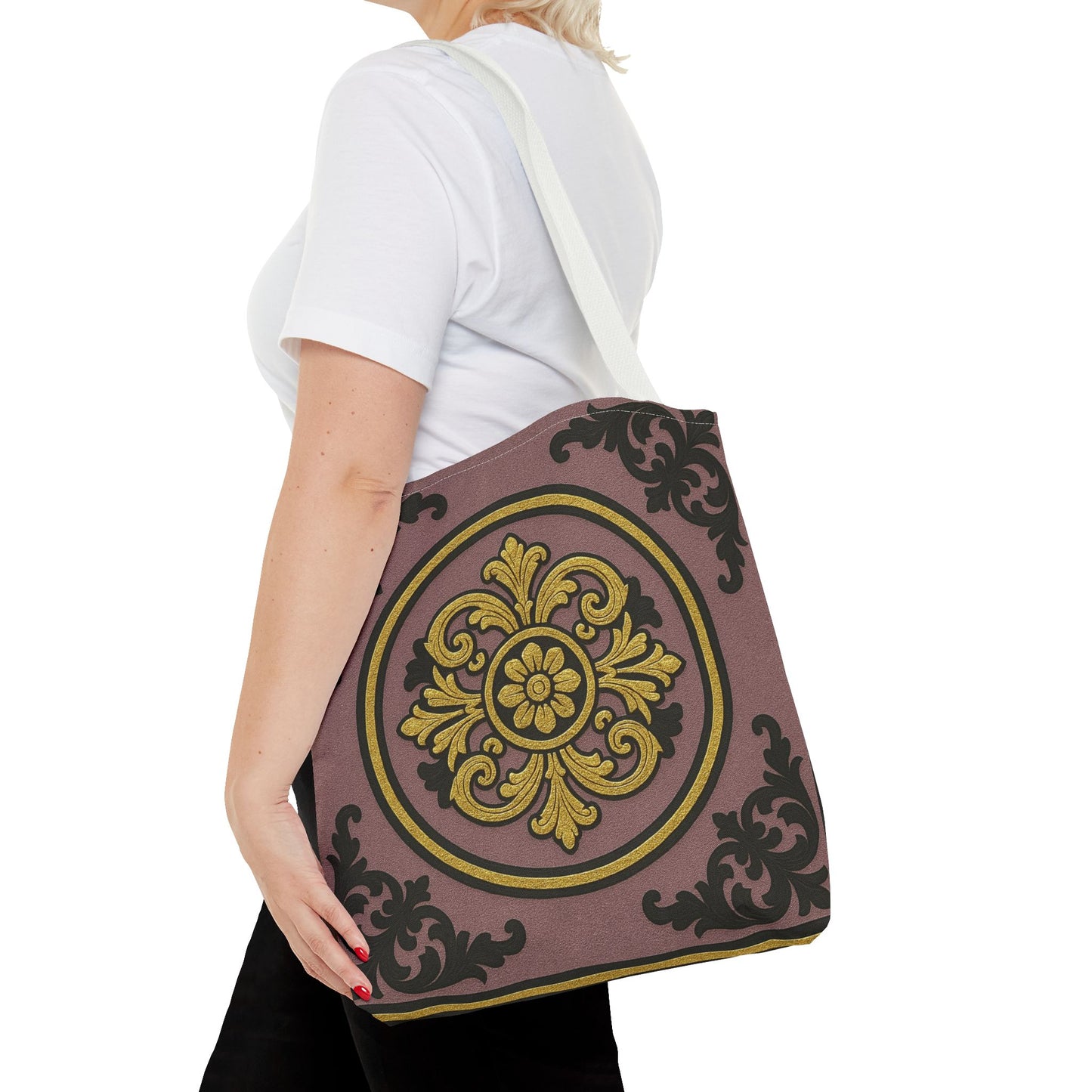 Elegant Gilded Mauve With Gold-Black Baroque Print Tote Bag, Reusable Shopping Tote, Gift for Her, Weekend Bag, Eco-Friendly Handbag