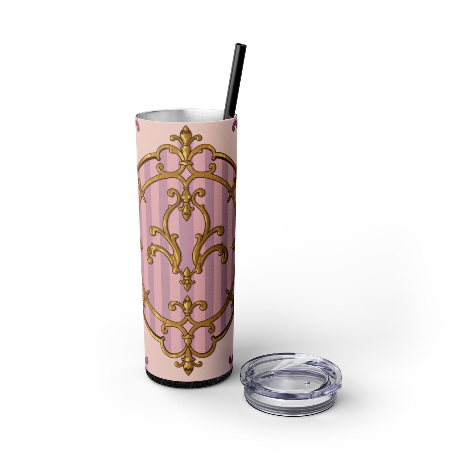 Elegant Lavender & Alabaster Striped Gold Baroque Tumbler - Insulated 20oz Skinny Cup with Straw, Ideal for Gifts, Parties, and Daily Use