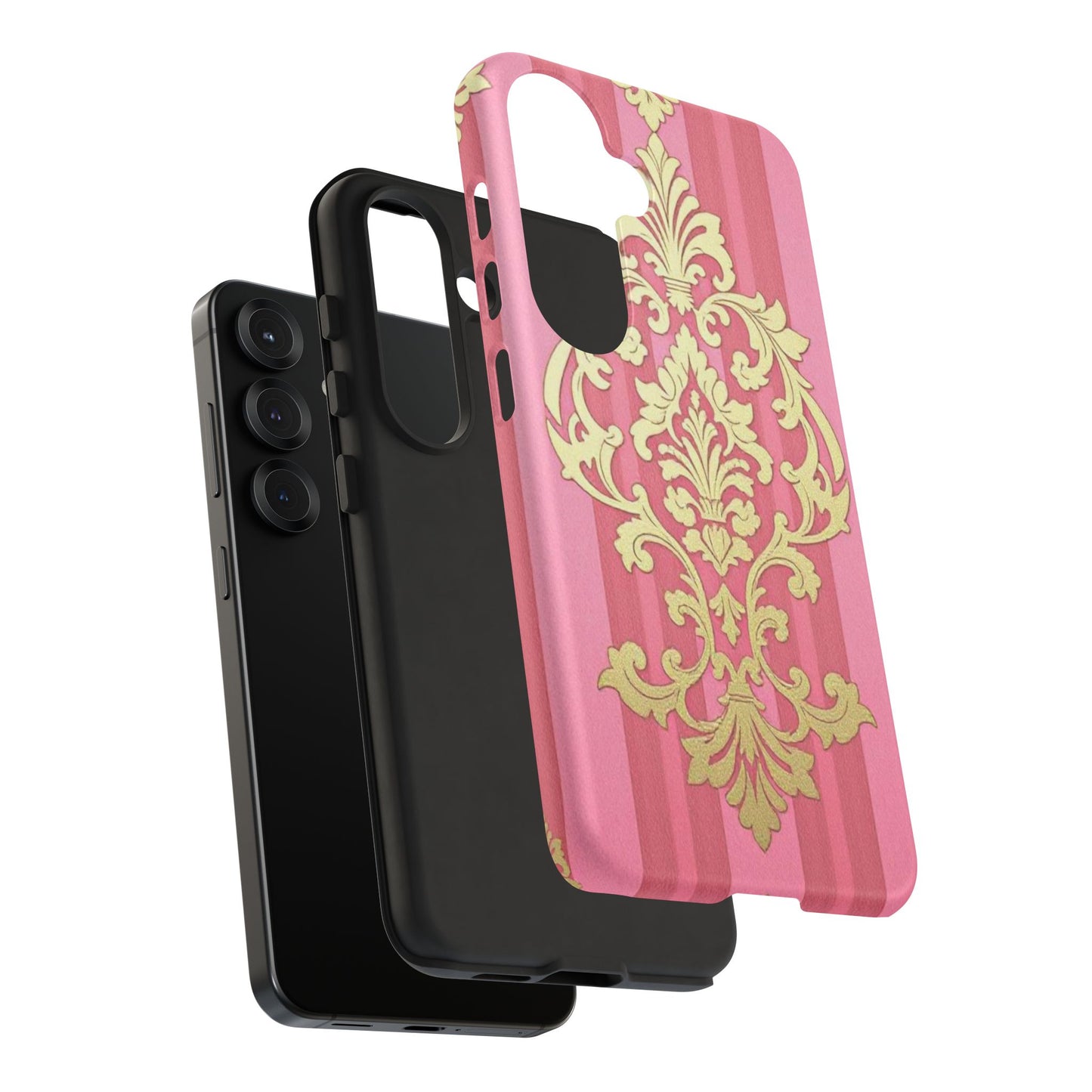 Elegant Floral Motif Phone Case - Tough Cases with Vintage Design - Pink Striped Damask