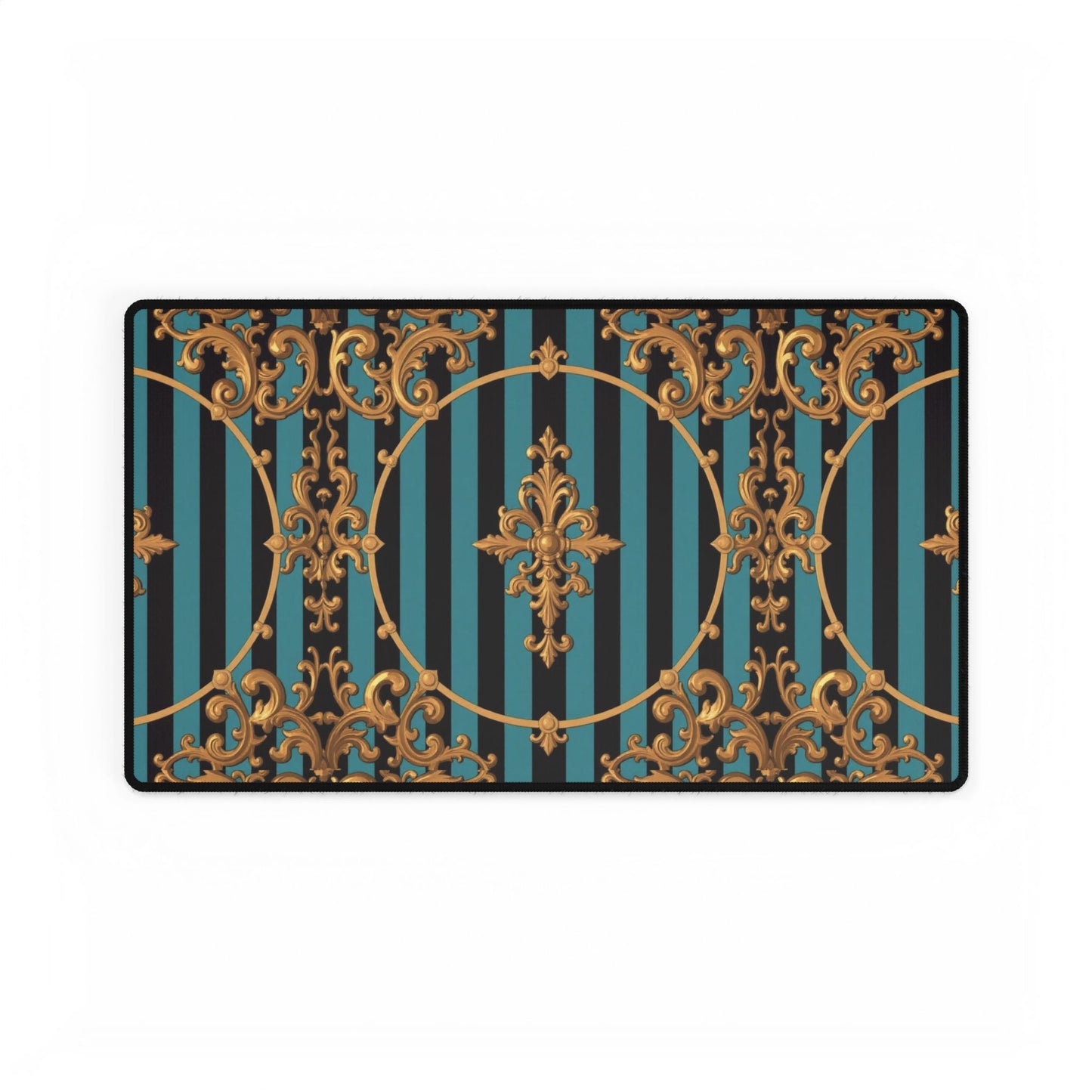 Elegant Turquoise & Black Striped Gold Baroque Desk Mats for Home Office, Stylish Mouse Pads, Luxe Desk Decor, Gifts for Professionals