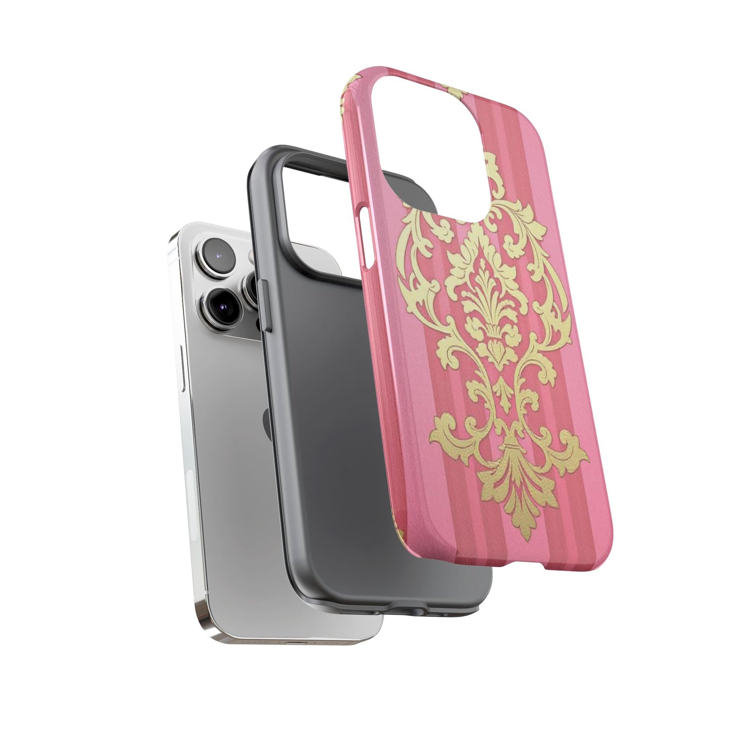 Elegant Floral Motif Phone Case - Tough Cases with Vintage Design - Pink Striped Damask