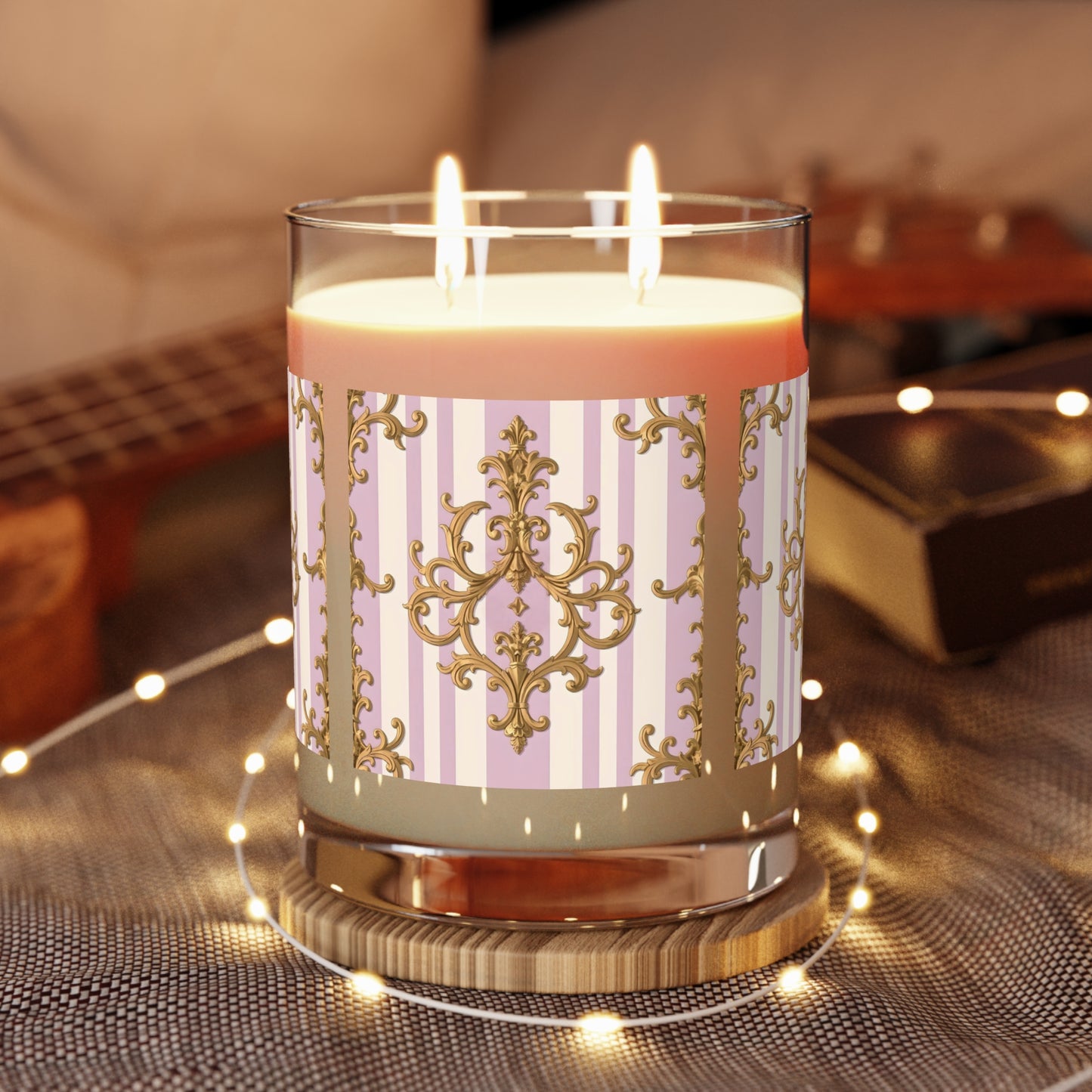 Elegant Scented Candle - Decorative Home Fragrance, Pink and Gold Candle, Gift for Her, Relaxation - Lilac & Alabaster Striped Gold Baroque