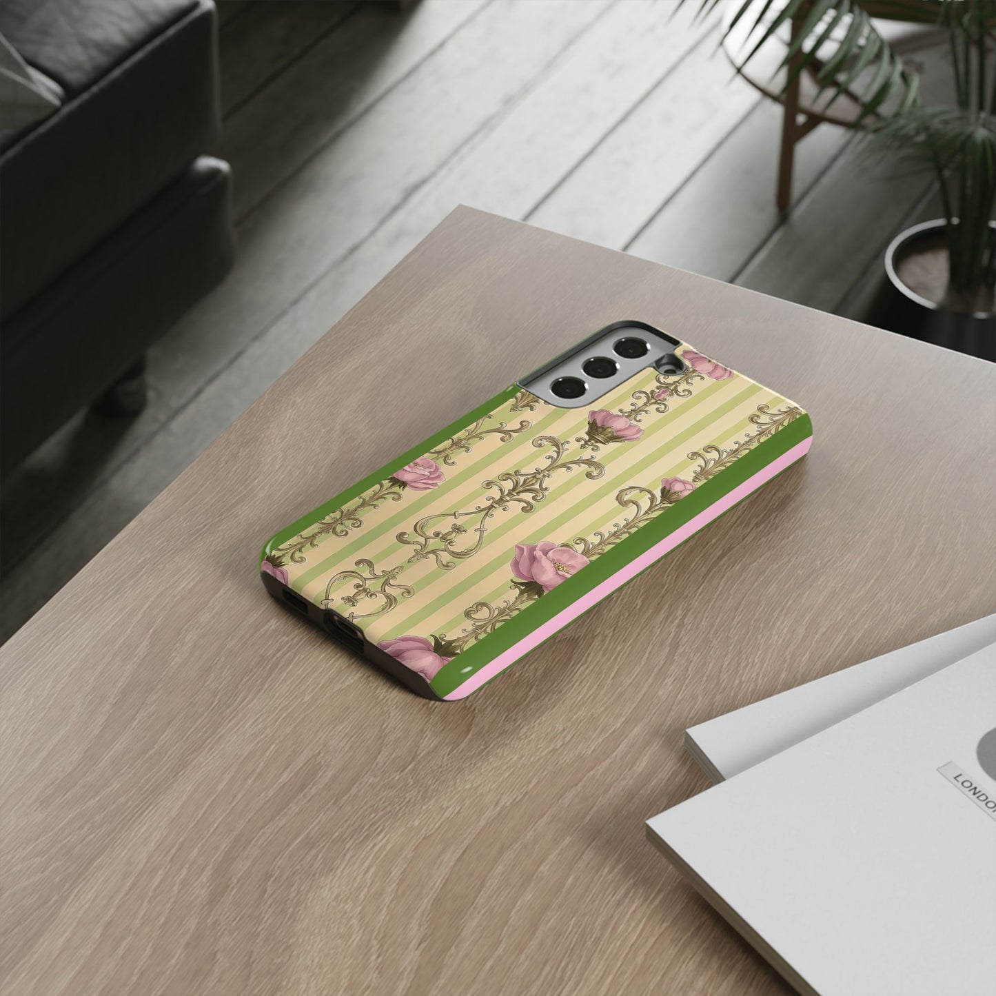 Elegant Floral Motif Phone Case - Tough Cases with Vintage Design - Lime Green & Pink Striped Damask