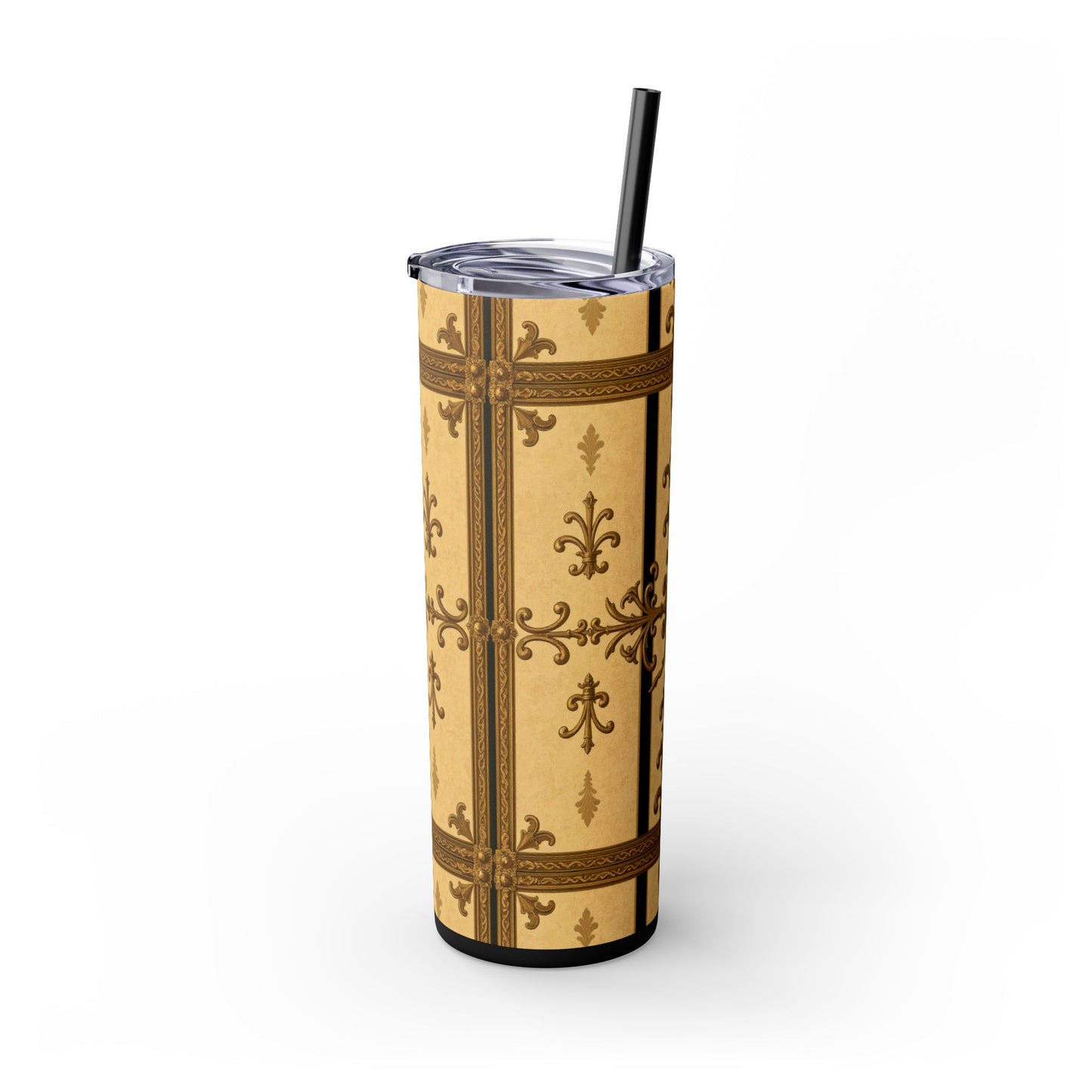 Elegant Vintage Skinny Tumbler, 20oz Insulated Drink Cup, Perfect for Home, Office, Gifts, Holidays, Travel - Matte Yellow Striped Antique Rococo
