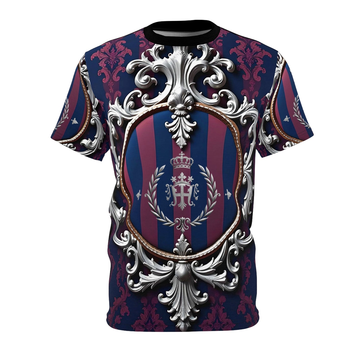 Regal Pattern Unisex T-Shirt - Elegant Fashion Tee for All Occasions, Stylish Gift, Statement Shirt, Trendy Outfit - Blue & Plum Striped Silver Crest