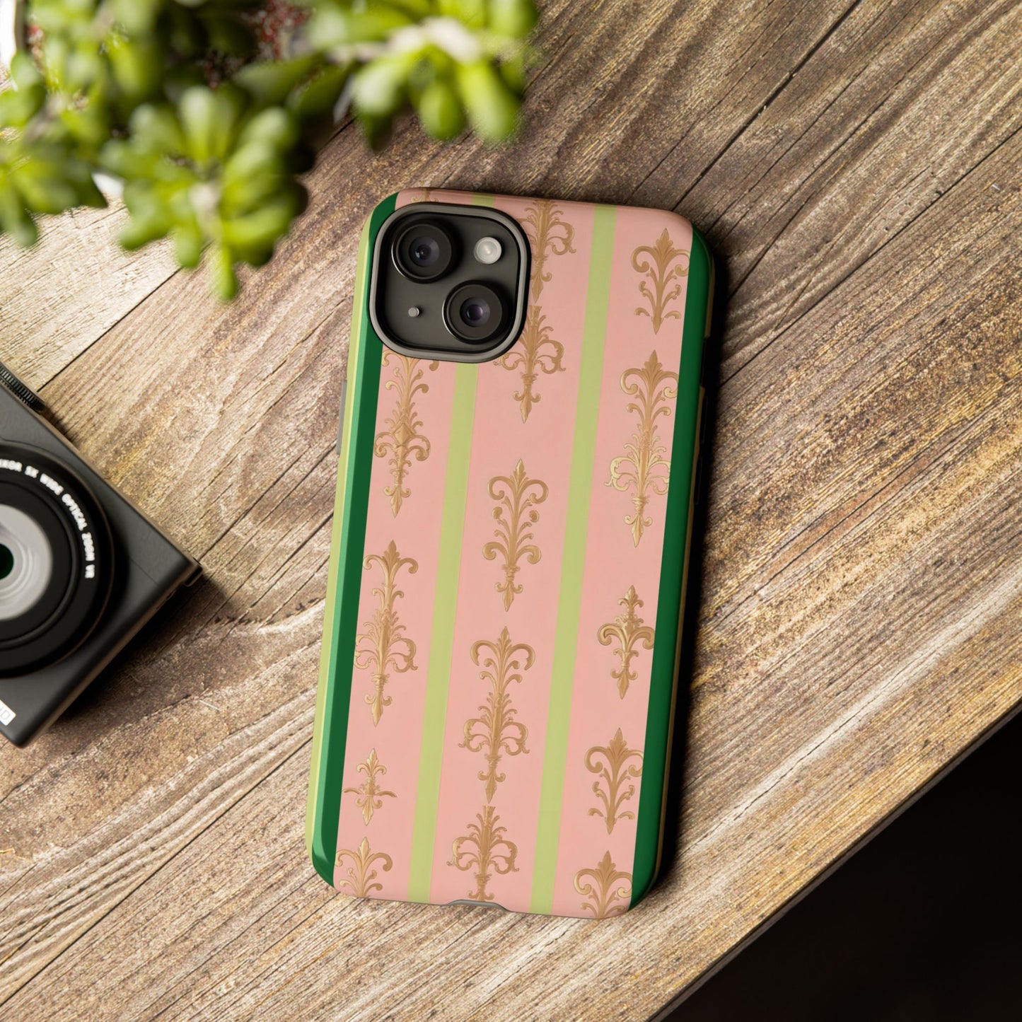 Elegant Floral Motif Phone Case - Tough Cases with Vintage Design - Lime Green & Pink Striped Damask