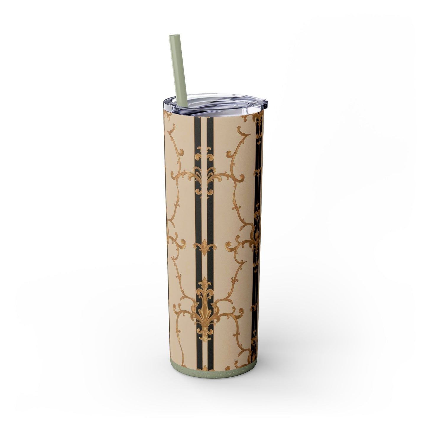 Elegant Gold Patterned Skinny Tumbler with Straw, 20oz | Stylish Travel Mug, Gift for Her, Fancy Drinkware - Black & Beige Striped Damask